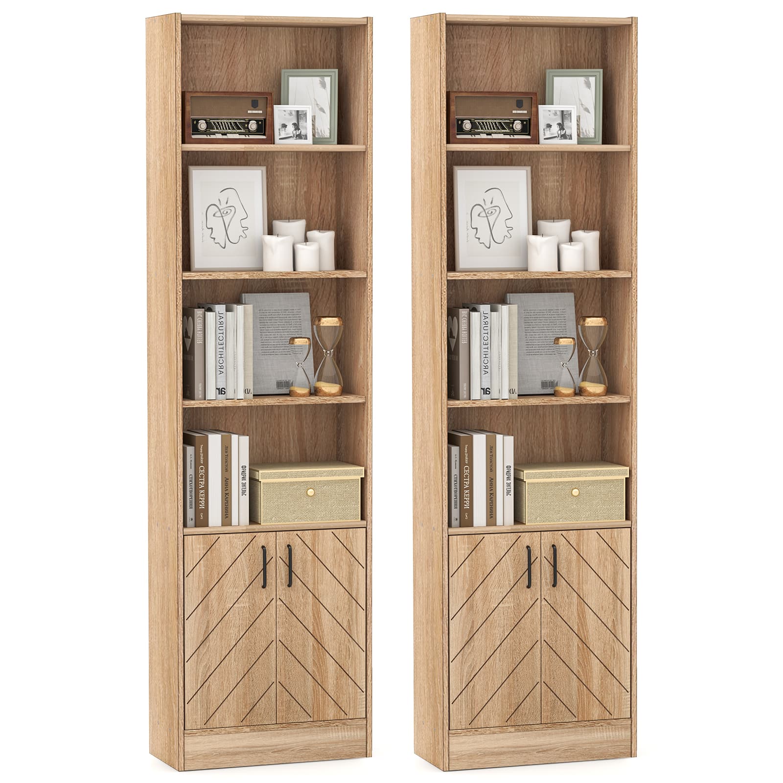 Gymax - 2 PCS 71'' Bookshelf w/2-Door Cabinet 6-Tier Bookcase Tall Storage Cabinet Display Rack - Oak