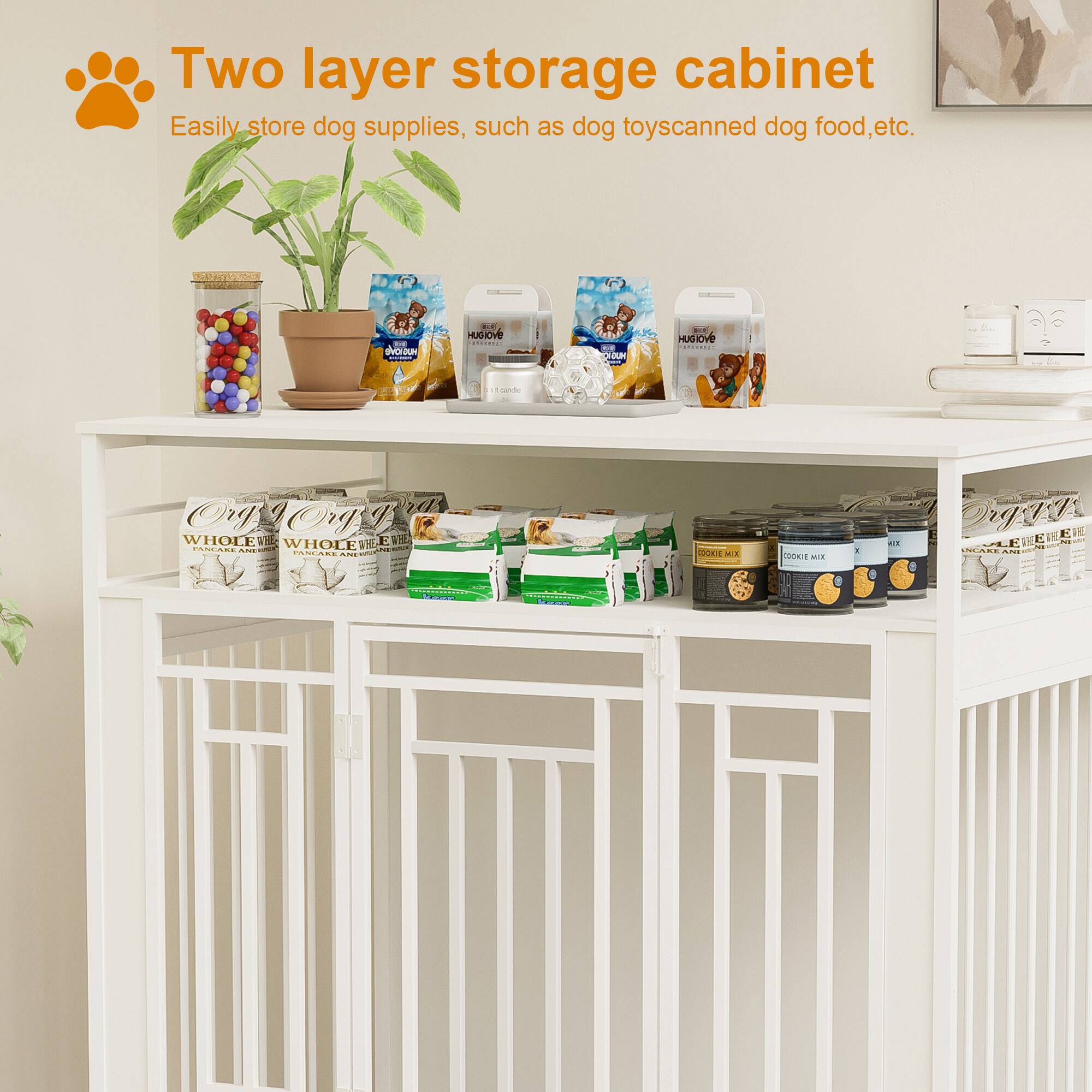 Two layer storage cabinet  
Easily store dog supplies, such as dog toys, canned dog food, etc.