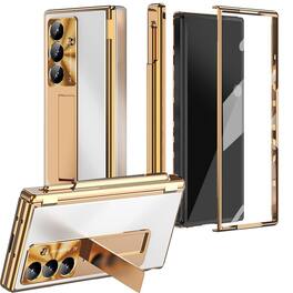 Dteck - For Samsung Galaxy Z Fold 7 Aluminum Alloy Shockproof Rugged Case Screen Protector Kickstand Hinge Cover with 2 Hinges - Gold+Sliver