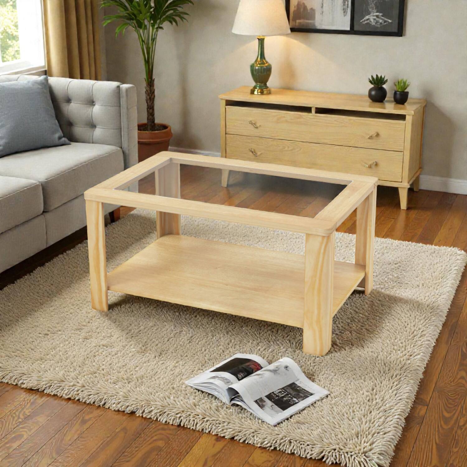 Angle. Hivvago - Modern 2-Level Center Table with Tempered Glass Surface and Lower Storage - Natural.