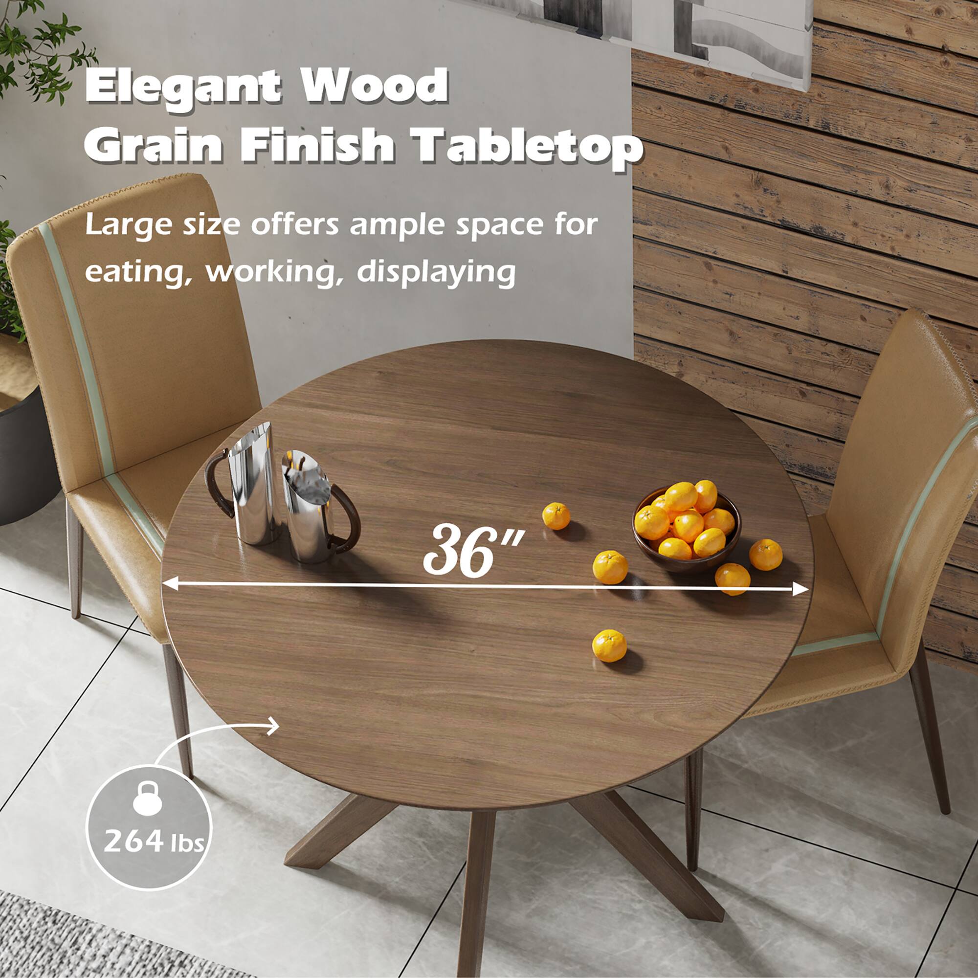 Elegant Wood Grain Finish Tabletop - Large size offers ample space for eating, working, displaying.