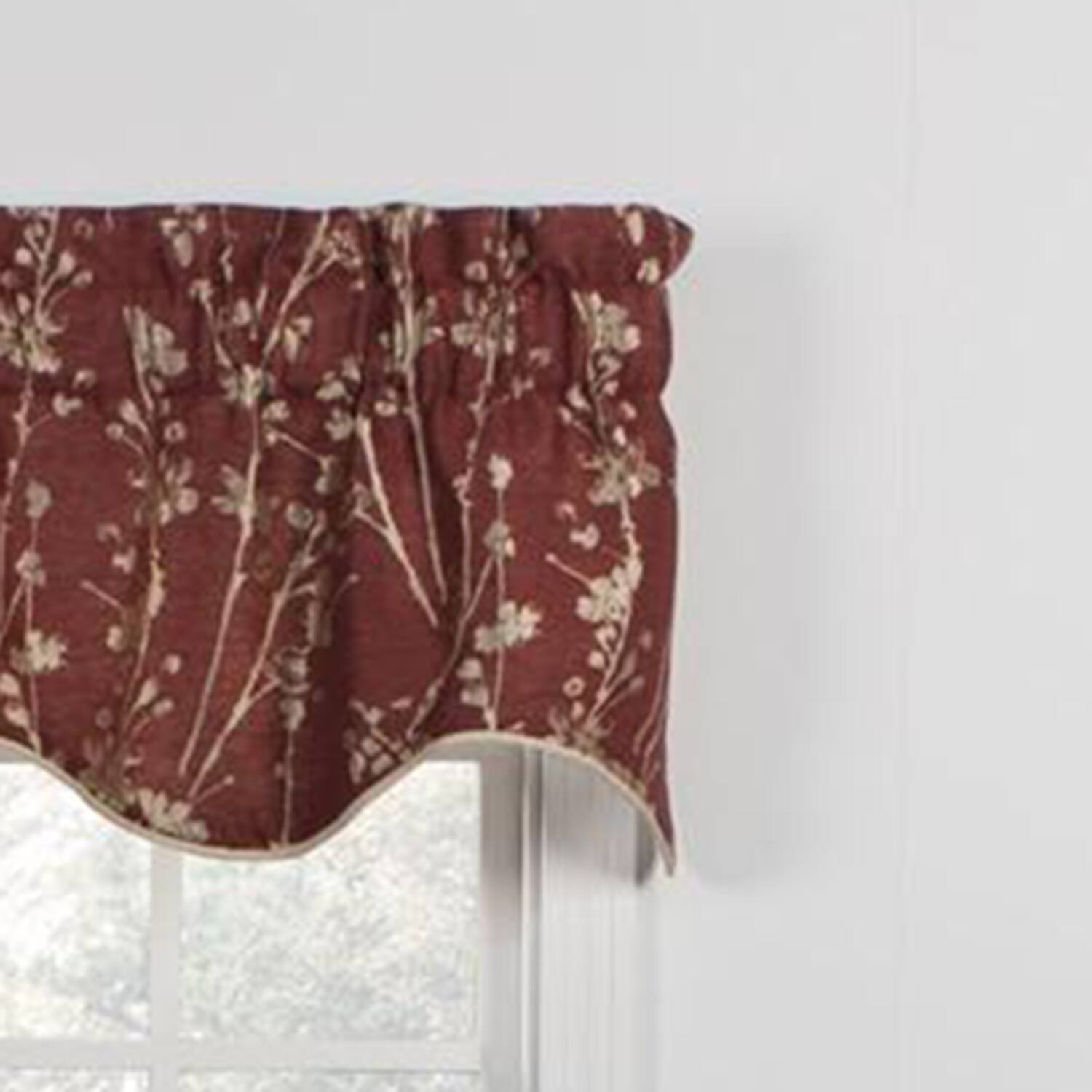 Angle. Ellis Curtain - Ellis Curtain Meadow High Quality Room Darkening Solid Natural Color Lined Scallop Window Valance - 50 x15" Cardinal - Cardinal.