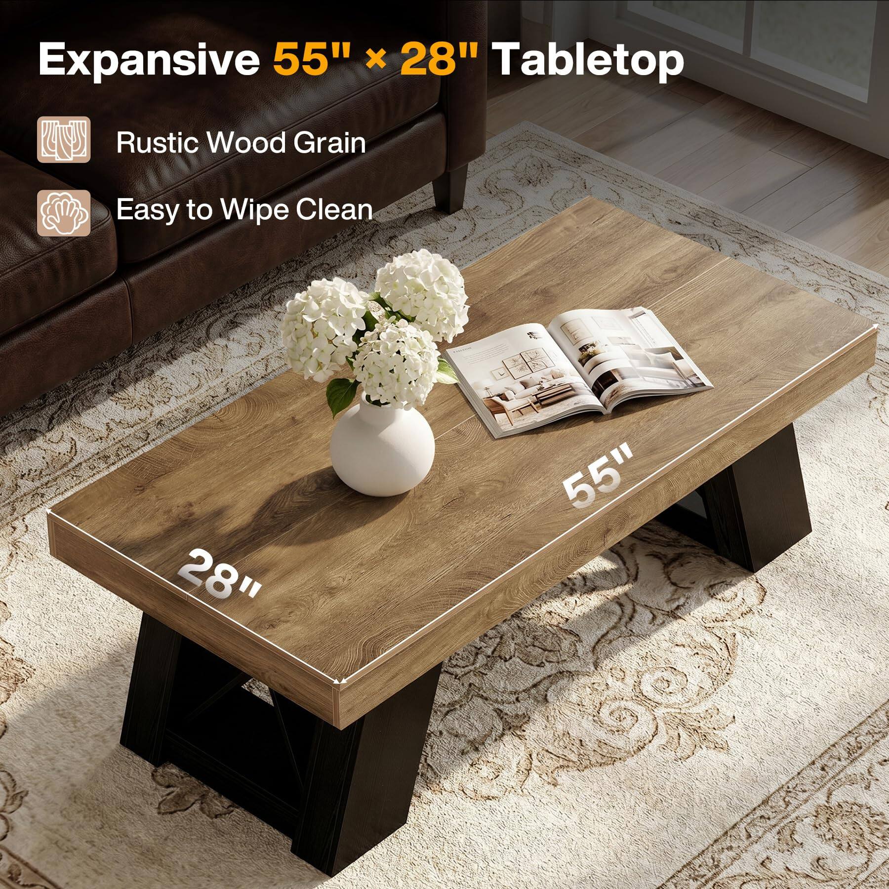 Expansive 55" x 28" Tabletop

- Rustic Wood Grain
- Easy to Wipe Clean

28" 55"