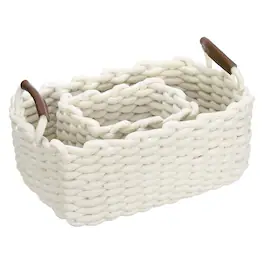 Unique Bargains - 2pcs Woven Basket Cotton Rope Storage Baskets with PU Handle, Gift Chest Box, for Shelf Organizing Home Decor Nursery - Beige