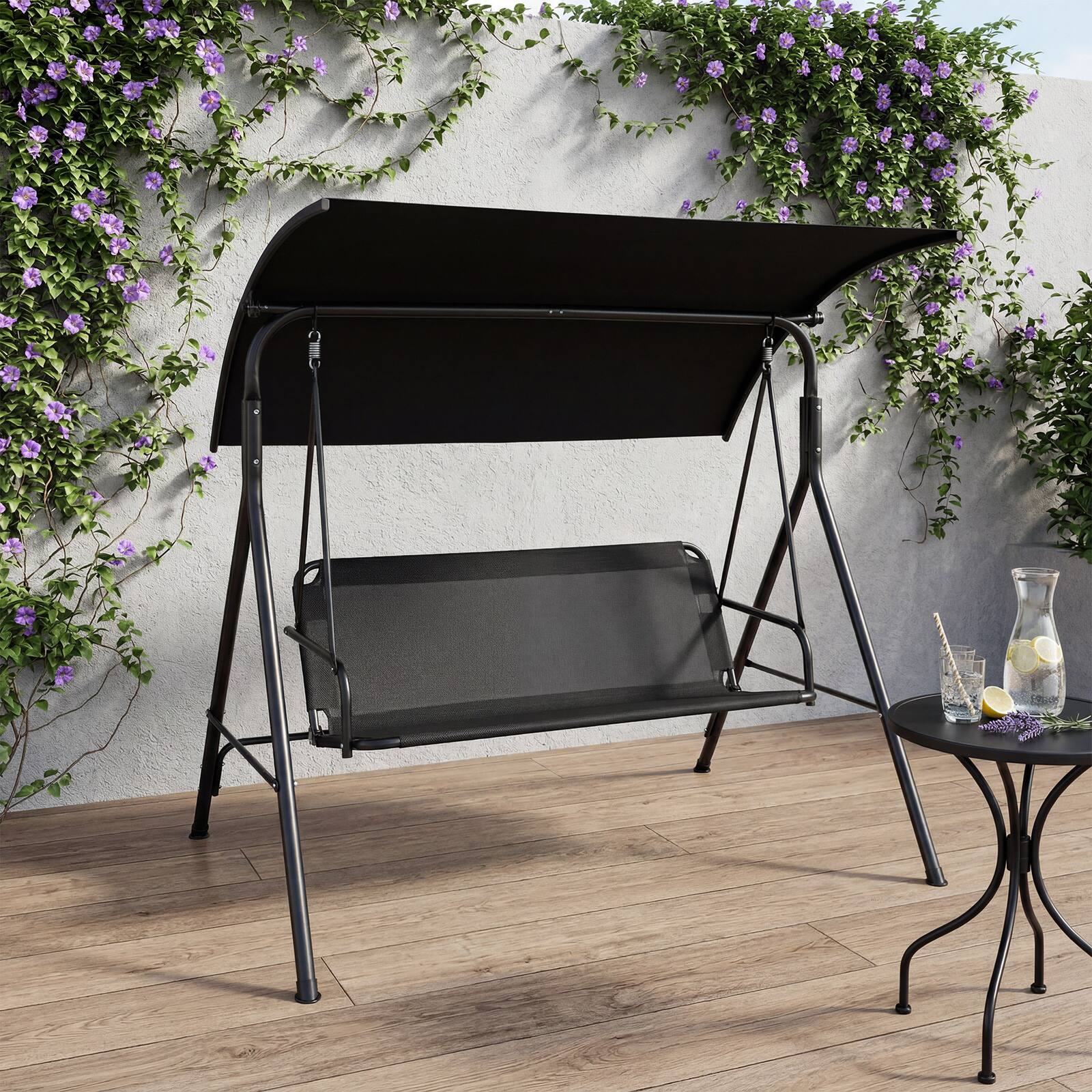 Alt View 4. Costway - Costway 3-Seat Patio Swing Chair with Adjustable Canopy, 800 lbs Heavy-Duty Metal Frame - Black.