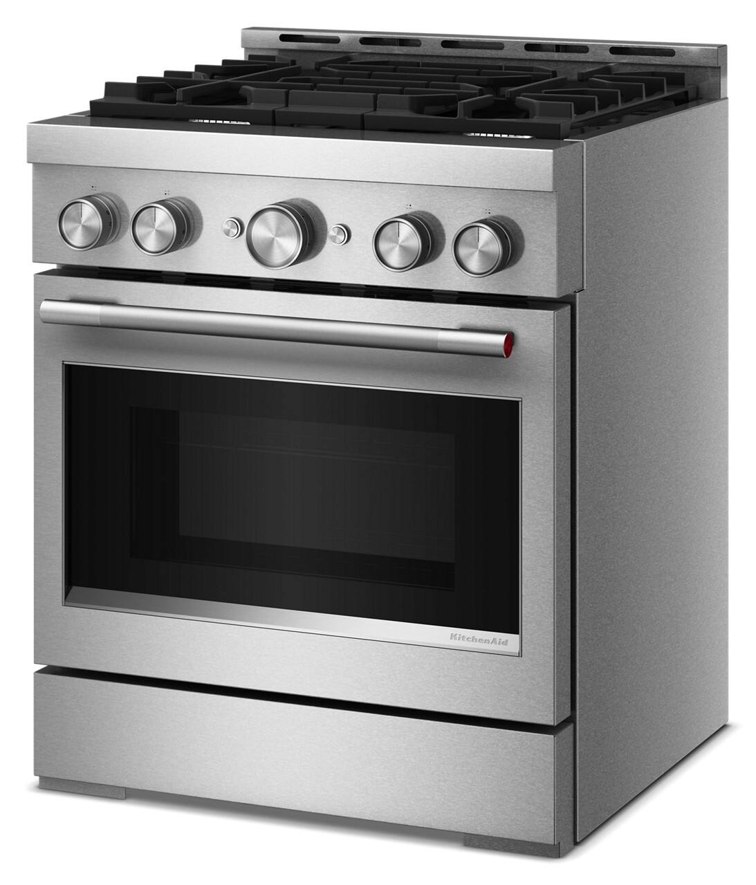 Left. KitchenAid - 4.1 Cu. Ft. Slide-In Commercial Gas True Convection Range with Self-Cleaning and No Preheat Air Fry Mode - Stainless Steel.