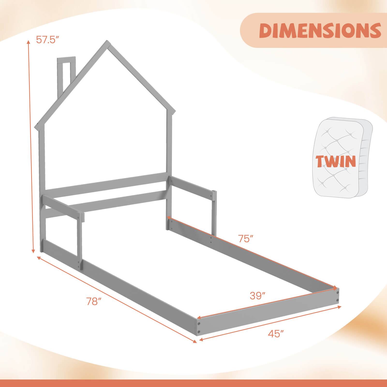 The text on the image reads "57.5" DIMENSIONS TWIN 75" 78" 39" 45". This information provides the dimensions of a twin bed, which is a type of bed designed for a single person. The dimensions include the length, width, and height of the bed. The length of the bed is 75 inches, the width is 78 inches, and the height is 39 inches. The height of the headboard is 45 inches.