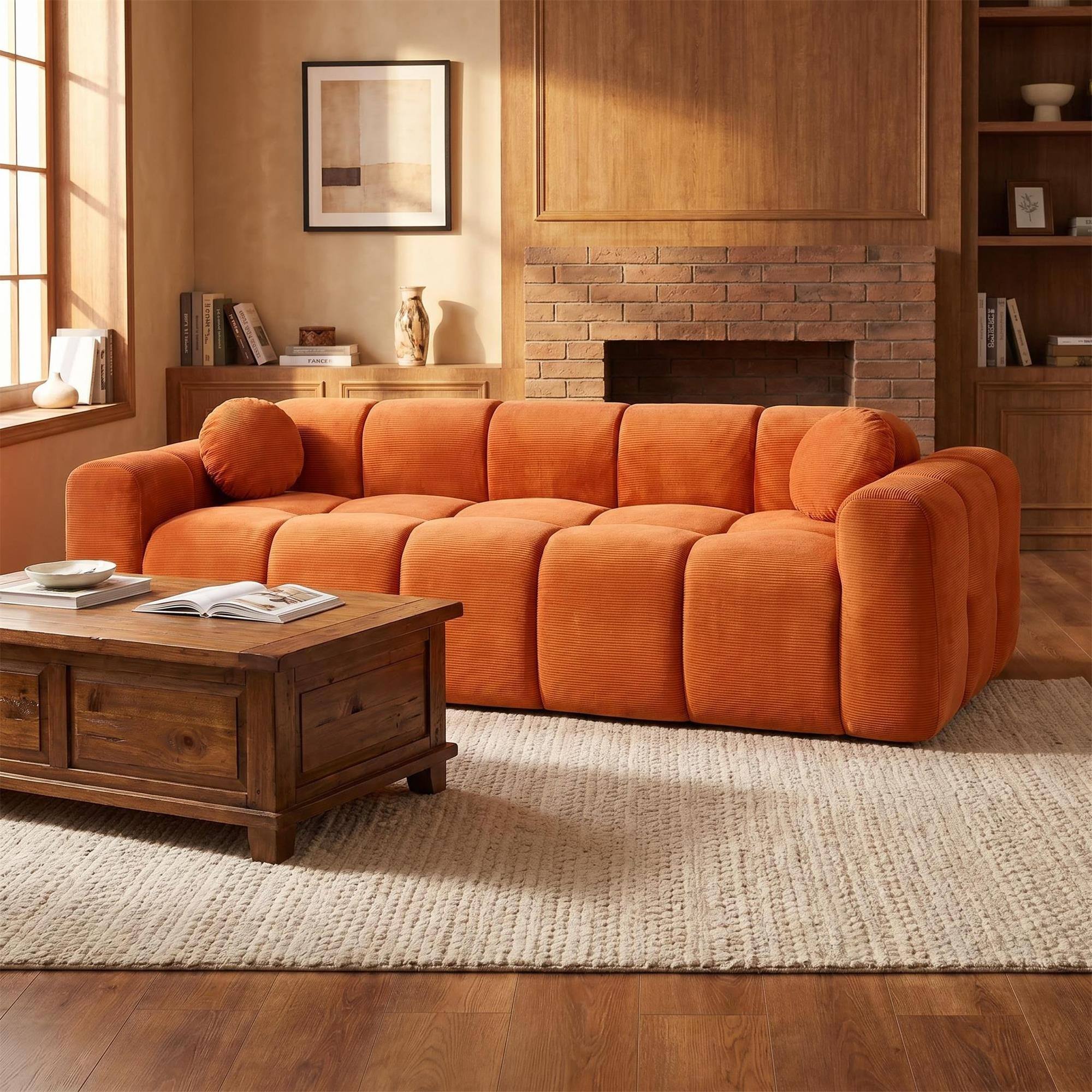 Angle. Boyel Living - 98.4-Inch Corduroy 3-Seat Cloud Floor Sofa with 2 Pillows - Orange.