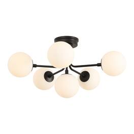 Jonathan Y - Olivier Parisian 24" 6-Light Globe Modern Industrial Iron Bistro LED Semi Flush Mount, Black - Black/White