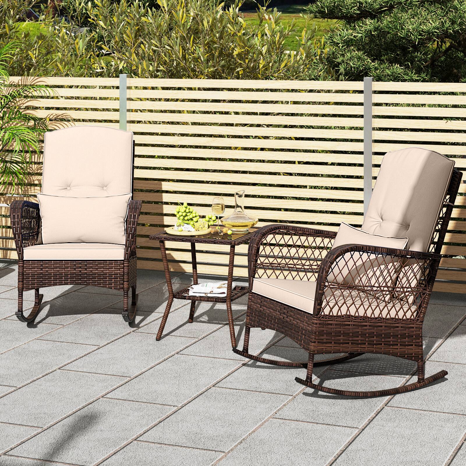 Alt View 3. Gymax - Gymax 3 Pieces Rocking Bistro Set PE Rattan Rocking Chairs w/ 2-Tier Coffee Table Mix Brown - Mix Brown, Beige.