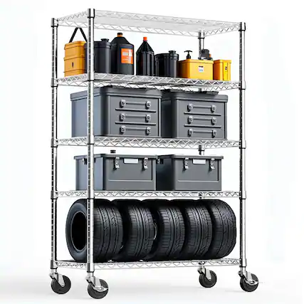 Front. Mirfee - 5-Tier Steel Storage Shelving Unit with Wheels, 1750 LB Capacity Heavy Duty Wire Rack, 72.3" H Garage/Office Shelf - Chrome.