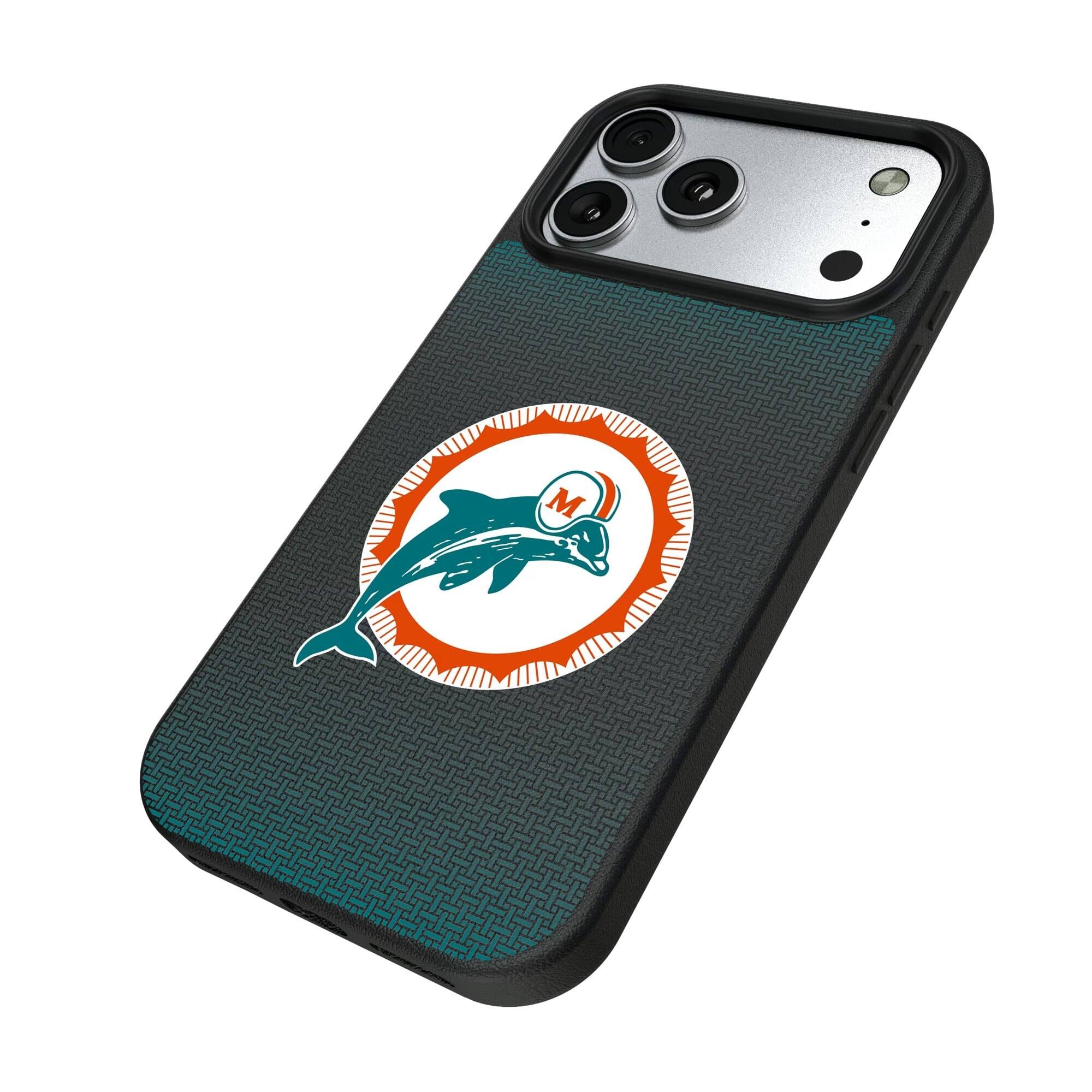 Alt View 1. Keyscaper - Miami Dolphins Linen Logo iPhone Magnetic Bump Case - 16 Pro - Black.