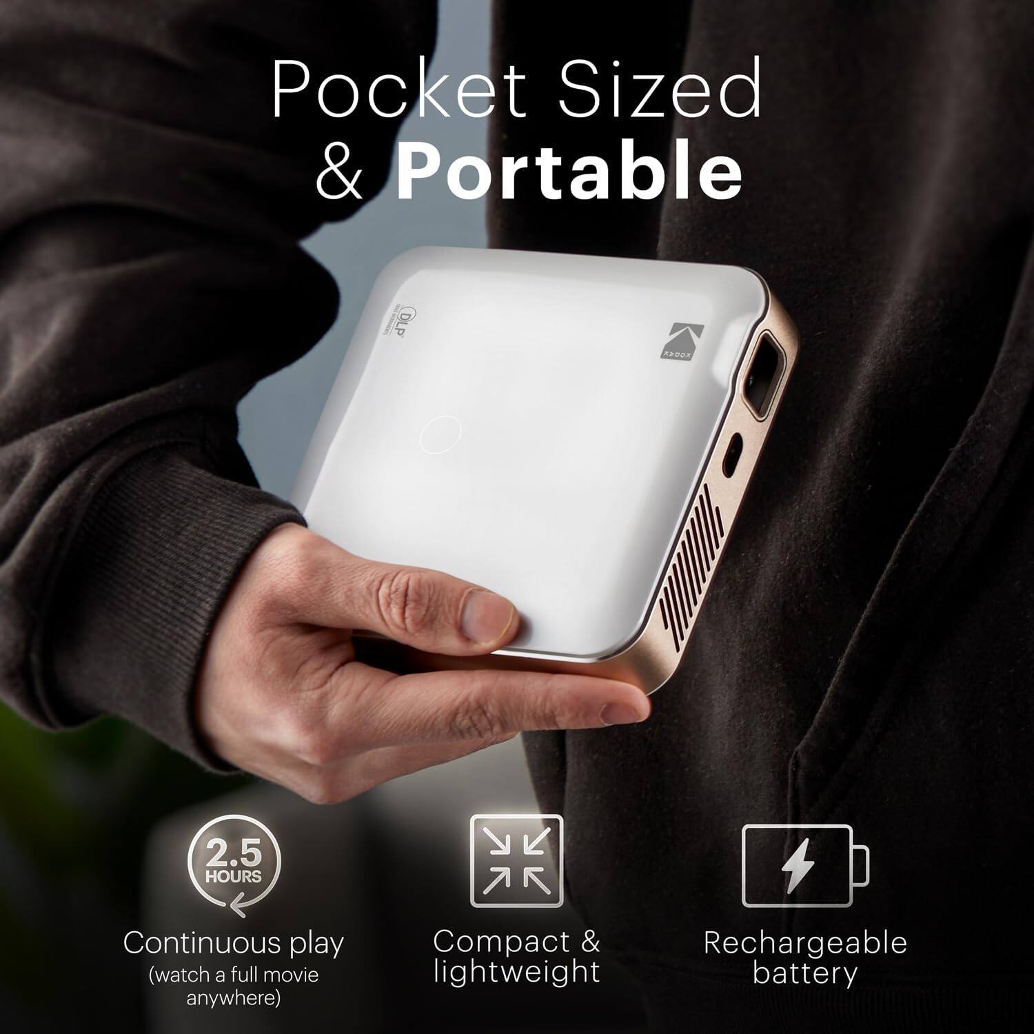 Pocket Sized & Portable

- 2.5 HOURS Continuous play (watch a full movie anywhere)
- Compact & lightweight
- Rechargeable battery