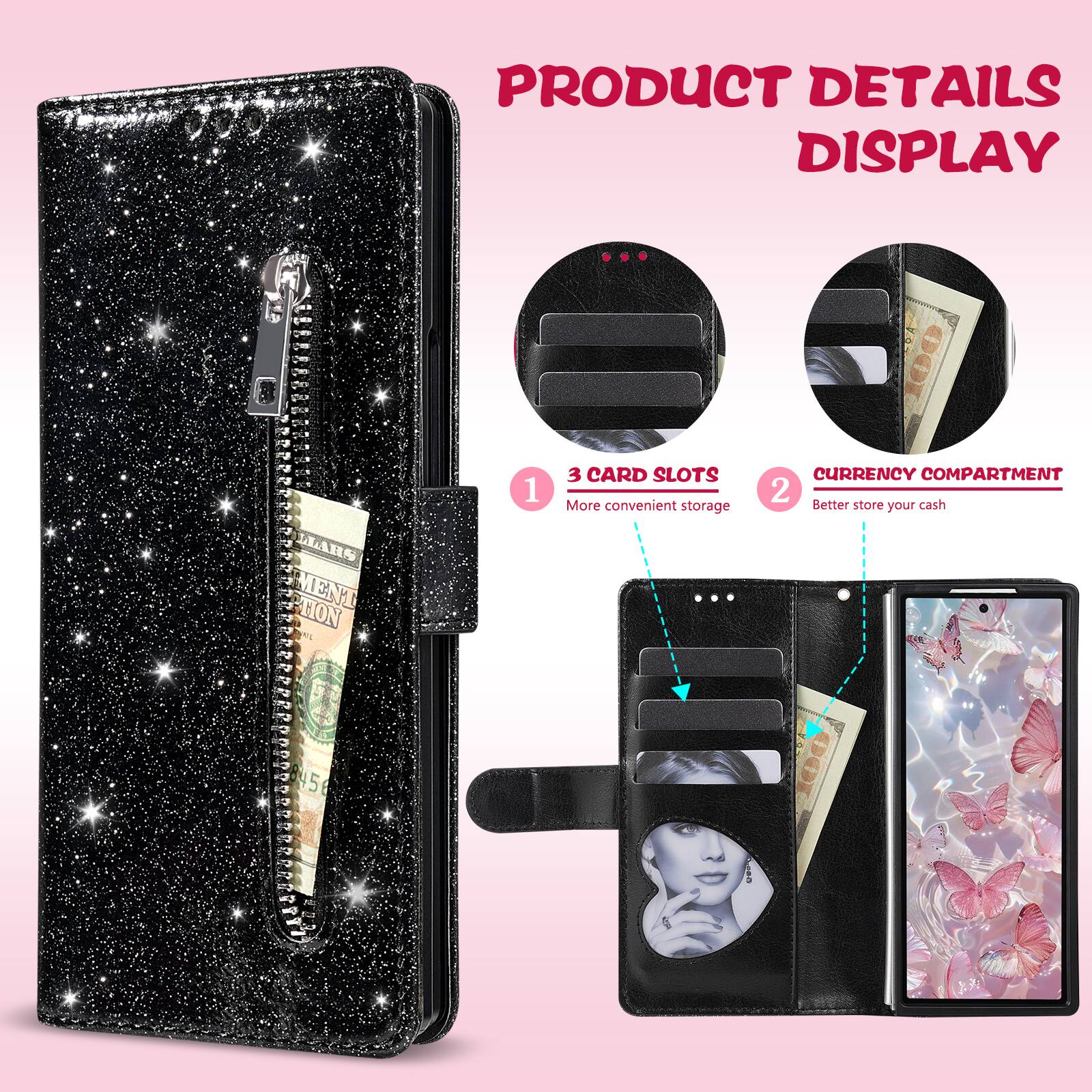 PRODUCT DETAILS DISPLAY

1. 3 CARD SLOTS
   - More convenient storage

2. CURRENCY COMPARTMENT
   - Better store your cash