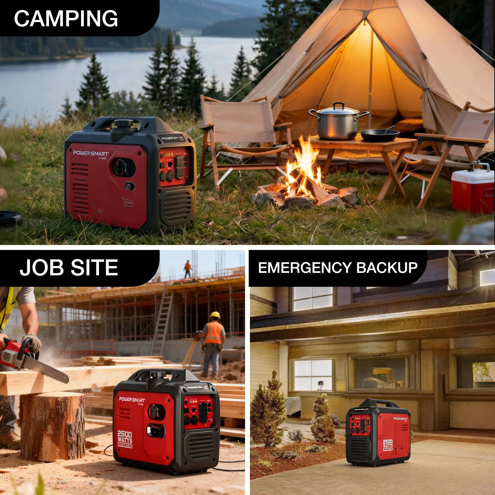 CAMPING  
POWER SMART 2500 WATTS RV ESCO  
JOB SITE  
EMERGENCY BACKUP