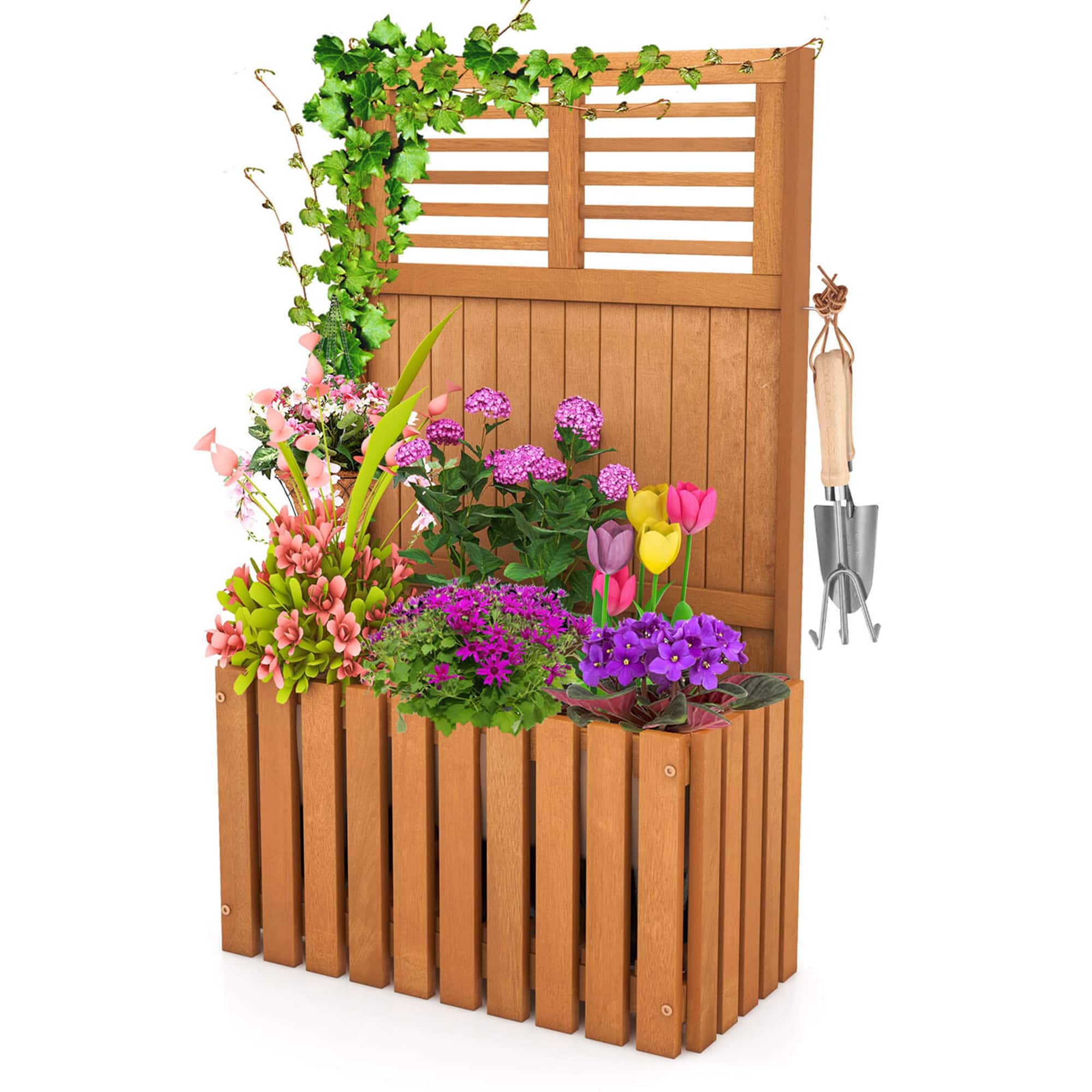 Costway - 1 PCS Wooden Plant Stand Raised Garden Bed with Trellis & Planter Box Privacy Screen - Orange