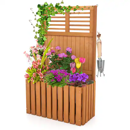 Front. Costway - 1 PCS Wooden Plant Stand Raised Garden Bed with Trellis & Planter Box Privacy Screen - Orange.