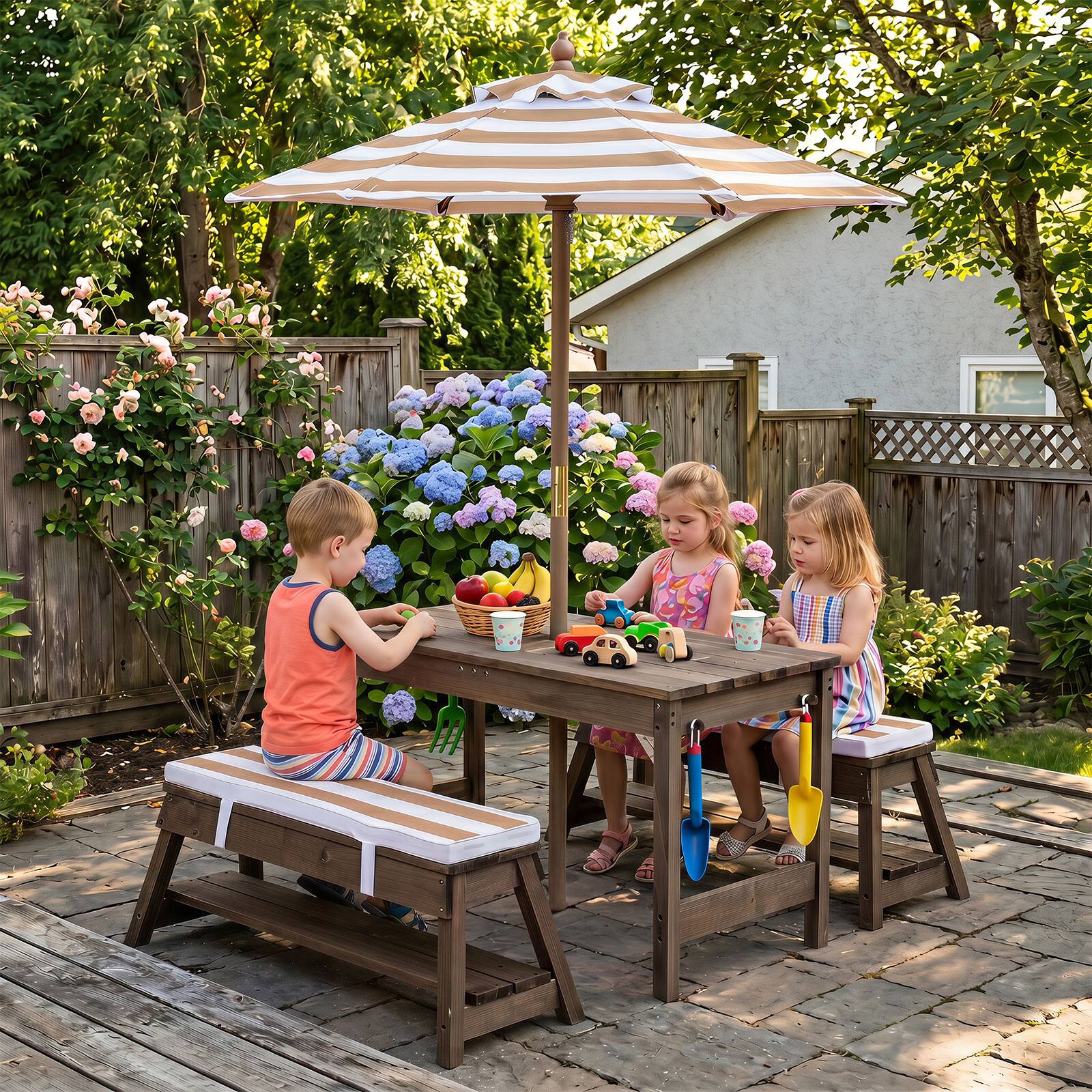 Alt View 1. Costway - Costway Kids Picnic Table & Benches Set with Adjustable Umbrella, Removable Cushions, Boxes - Brown.