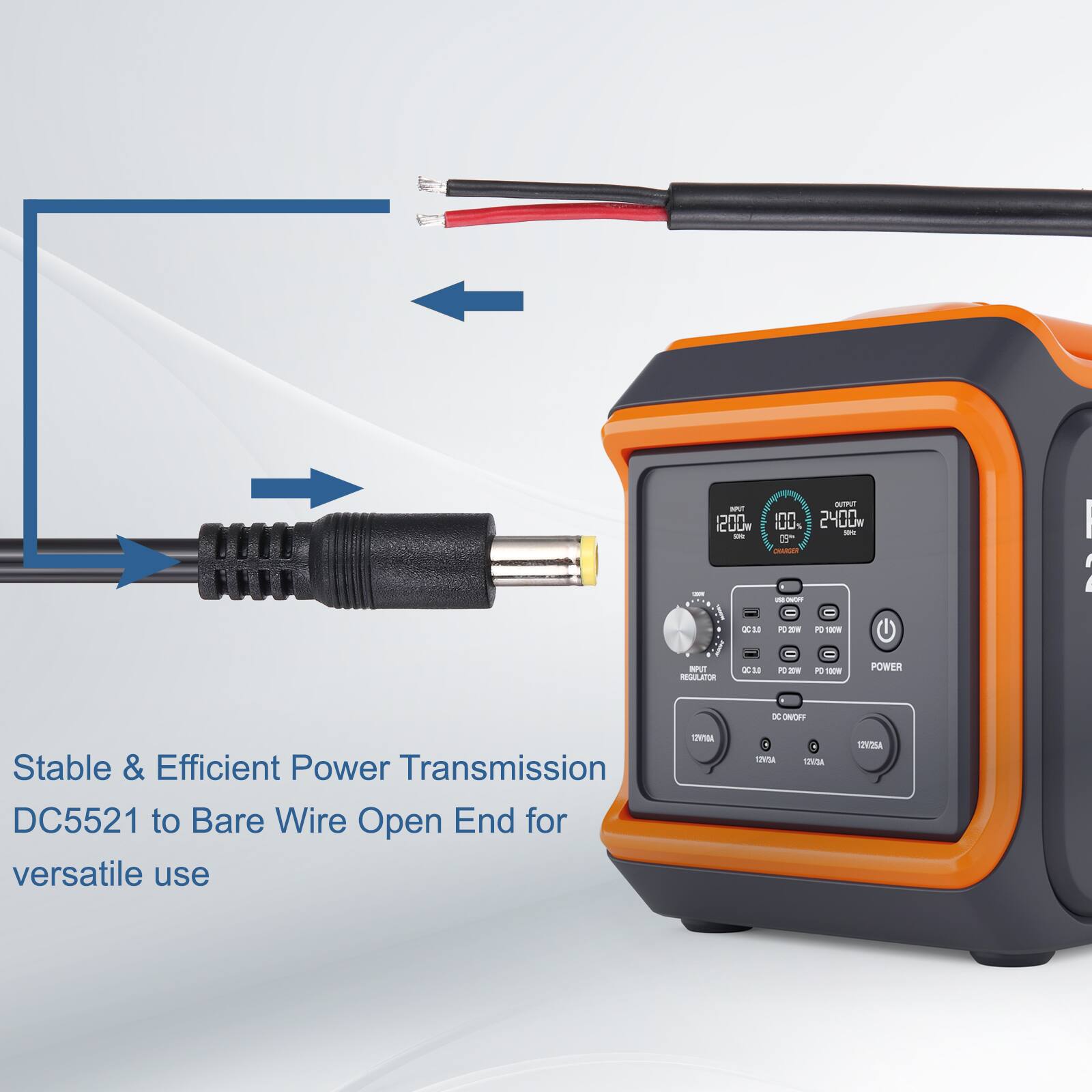 Stable & Efficient Power Transmission DC5521 to Bare Wire Open End for versatile use