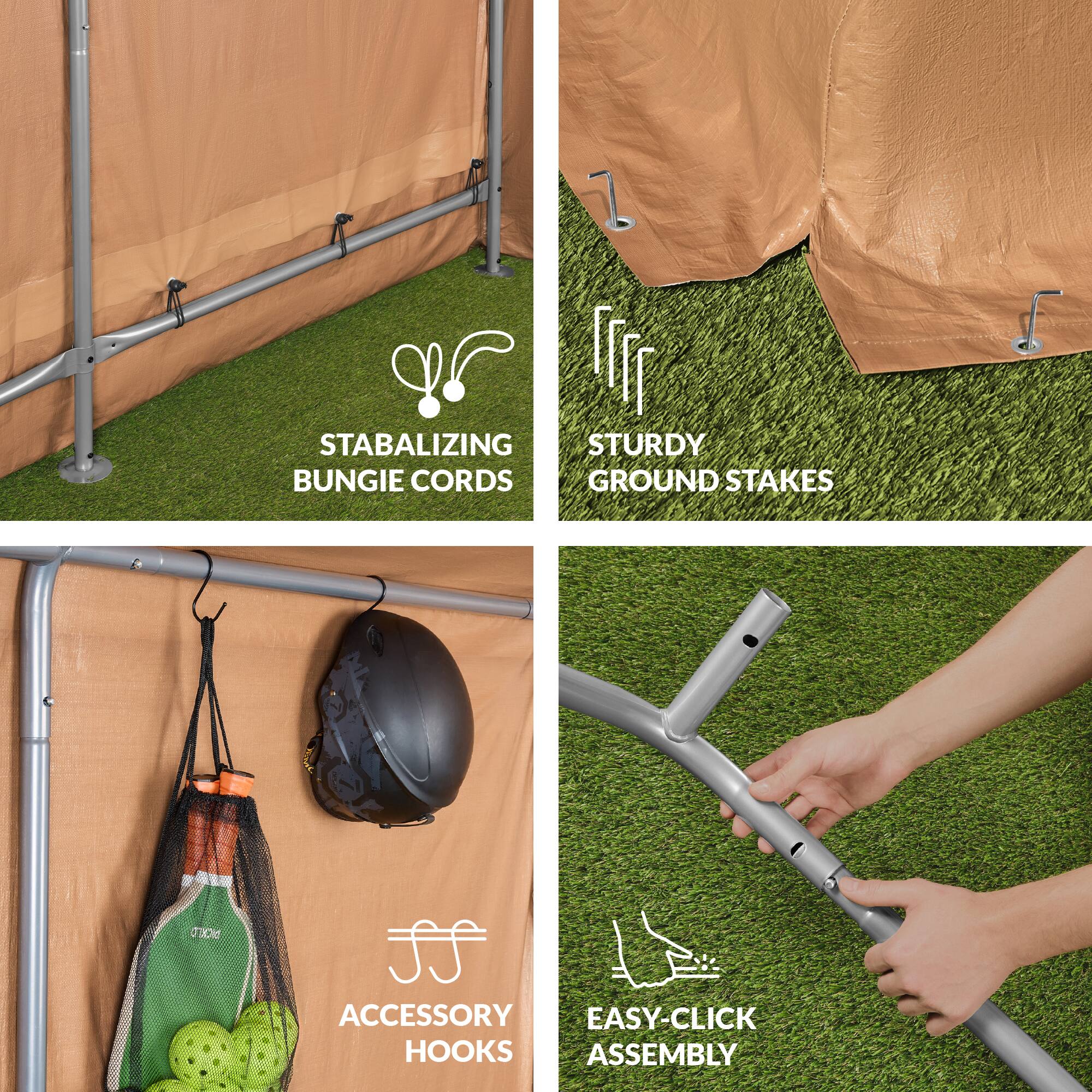 1. STABILIZING BUNGIE CORDS  
2. STURDY GROUND STAKES  
3. ACCESSORY HOOKS  
4. EASY-CLICK ASSEMBLY