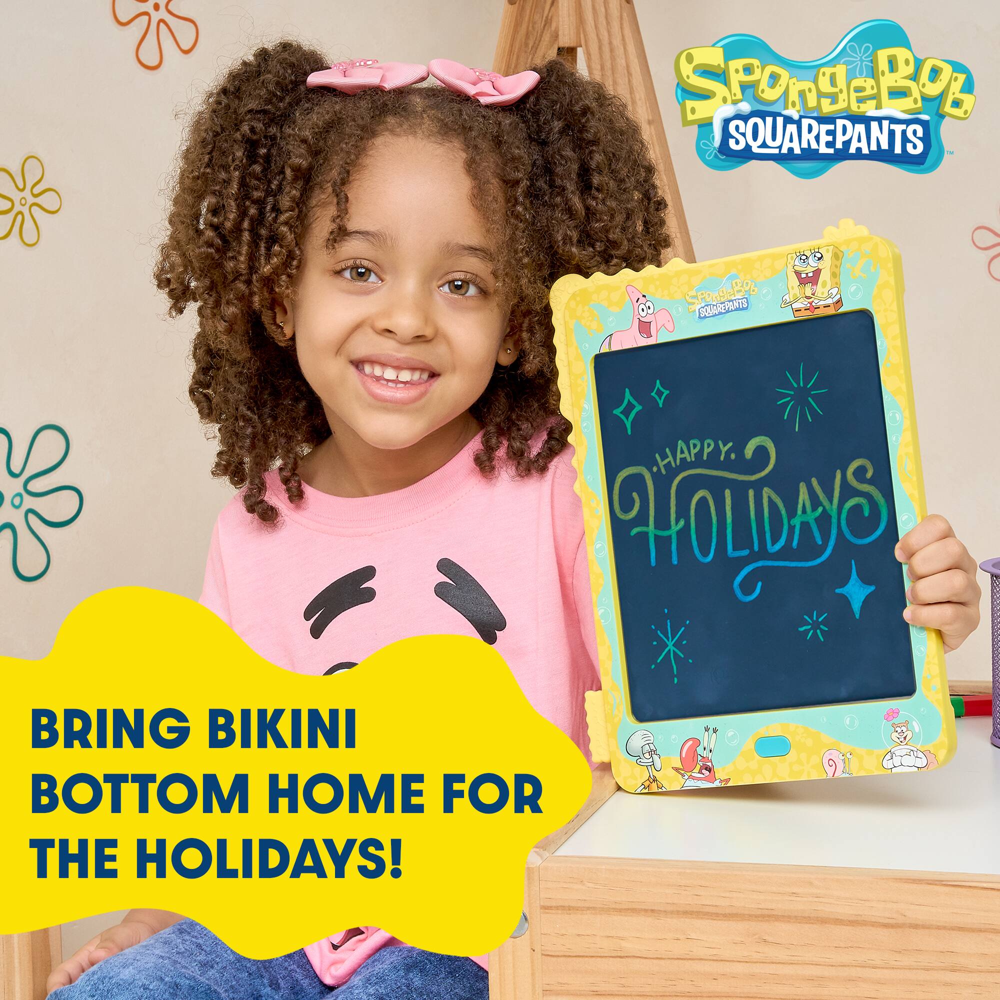 Sure! Here is the corrected and grouped text:

---

**SpongeBob SquarePants**

**BRING BIKINI BOTTOM HOME FOR THE HOLIDAYS!**

**HAPPY HOLIDAYS**

---
