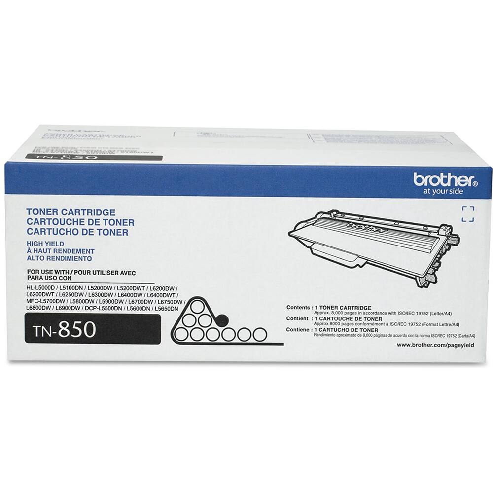 THEREO brother at your side TONER CARTRIDGE CARTOUCHE DE TONER CARTUCHO DE TONER HIGH YIELD  HAUT RENDEMENT ALTO RENDIMIENTO FOR USE WITH y POUR UTILISER AVEC PARA USO CON HL-L5000D J L5100DN J L5200DW J L5200DWT L6200DW L6200DWT L6250DW L6300DW L6400DW L6400DWT J MFC-L5700DW L5800DW 5900DW L6700DW L6750DW I L6800DW  L6900DW DCP-L5500DN  L5600DN L5650DN TN-850

Contents 1 TONER CARTRIDGE Approx. 8,000 pages in accordance with SONEC 19752 (Letter(A4) Contient 1 CARTOUCHE DE TONER Approx 8000 pages conform