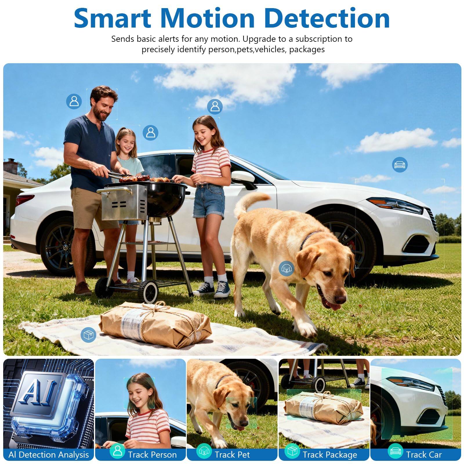 Smart Motion Detection  
Sends basic alerts for any motion. Upgrade to a subscription to precisely identify person, pets, vehicles, packages.

AI Detection Analysis  
Track Person  
Track Pet  
Track Package  
Track Car