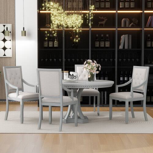 Alt View 1. LUCKY ONE - 5-Piece Farmhouse Dining Set with 58" Extendable Round Dining Table and 4 Upholstered Chairs - Antique Gray.
