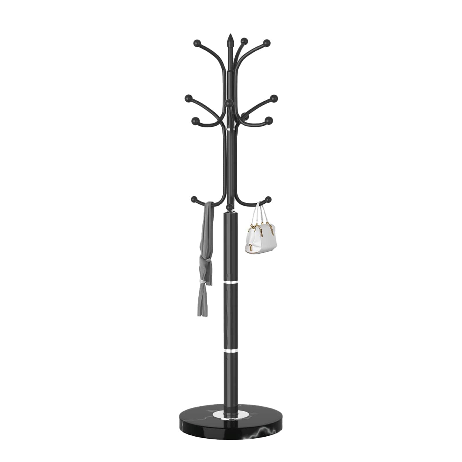 Hirose Alice - Metal Coat Rack Freestanding Sturdy Coat Rack Stand with Natural Marble Base Modern Black Coat Racks Tree H - 12 HOOKS