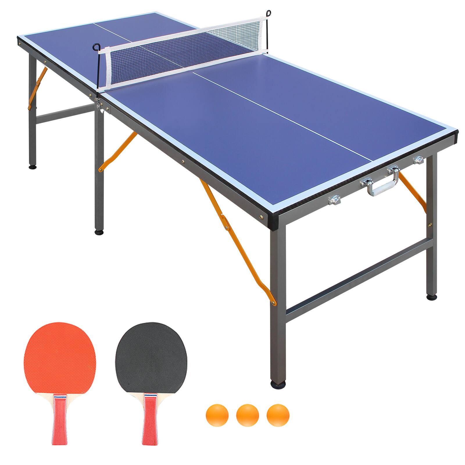 Front. APRILSOUL - 5FT Mid-Size Table Tennis Table Foldable and Portable Ping Pong Table Set for Indoor Games with Net 2 Paddles 3 Balls - Blue.