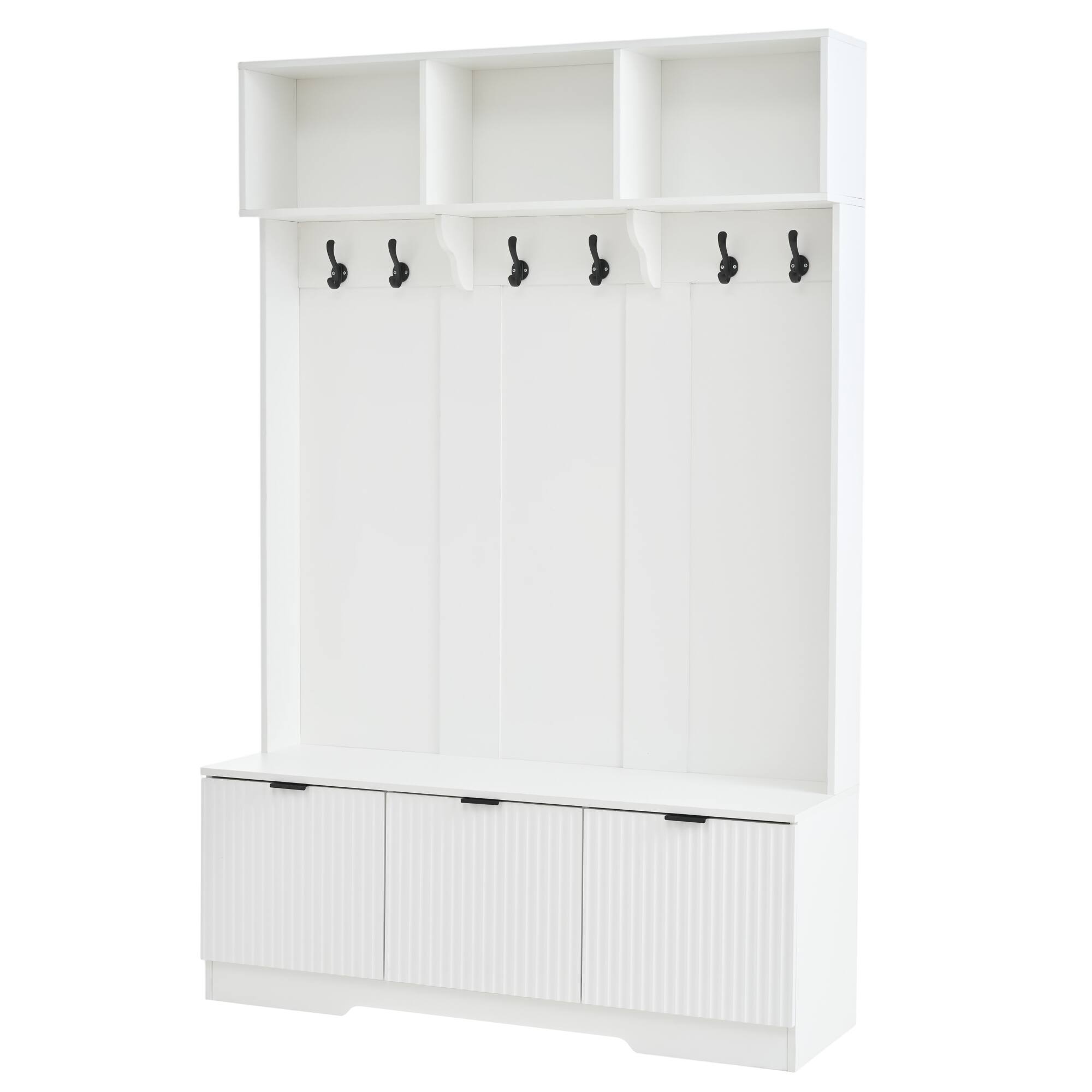 Back. GOODSILO - Three-Drawer Entryway Storage Cabinet with Open Shelving and Hooks for Organized Home Entry Solutions - White.