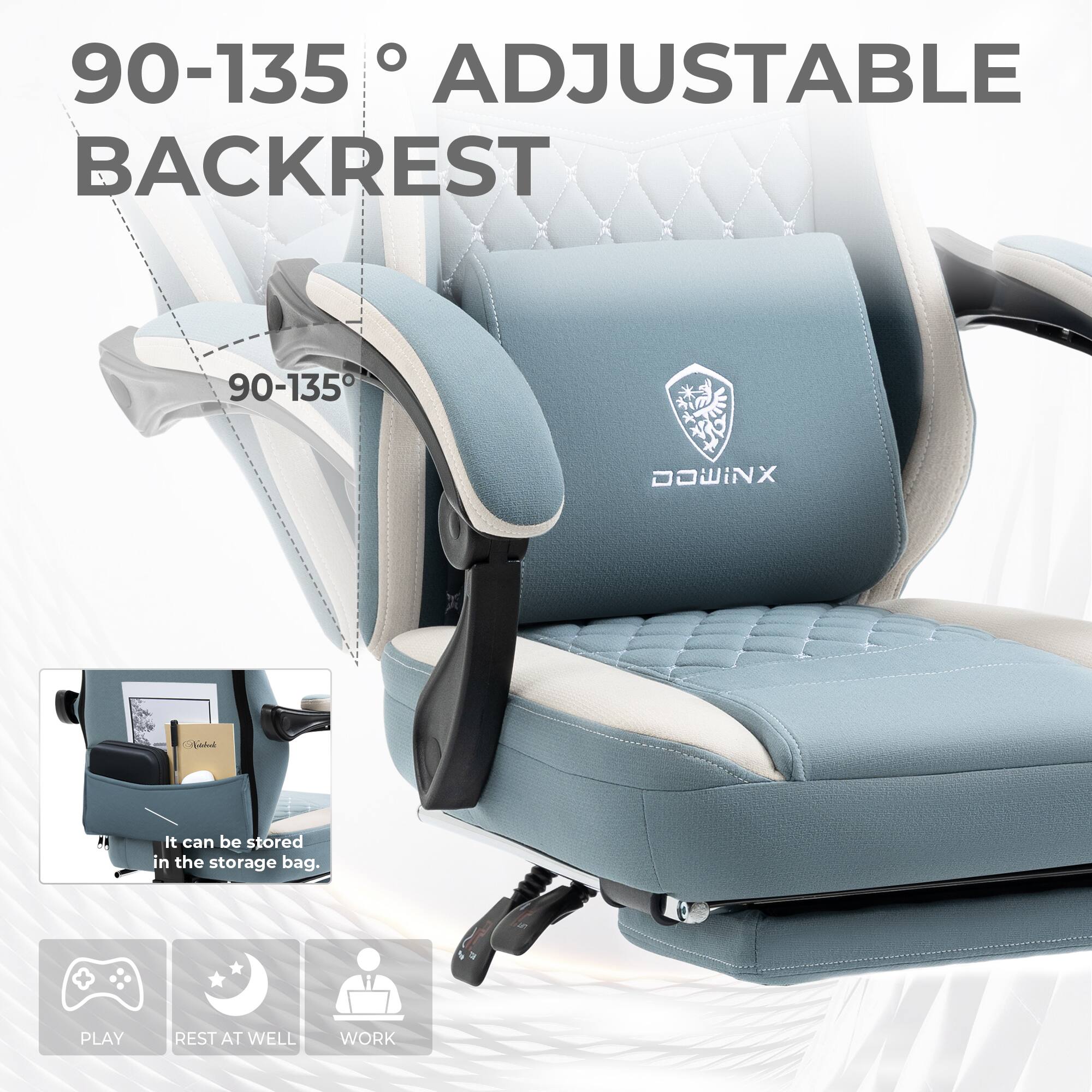 90-135° Adjustable Backrest

It can be stored in the storage bag.

Play Rest at Well Work