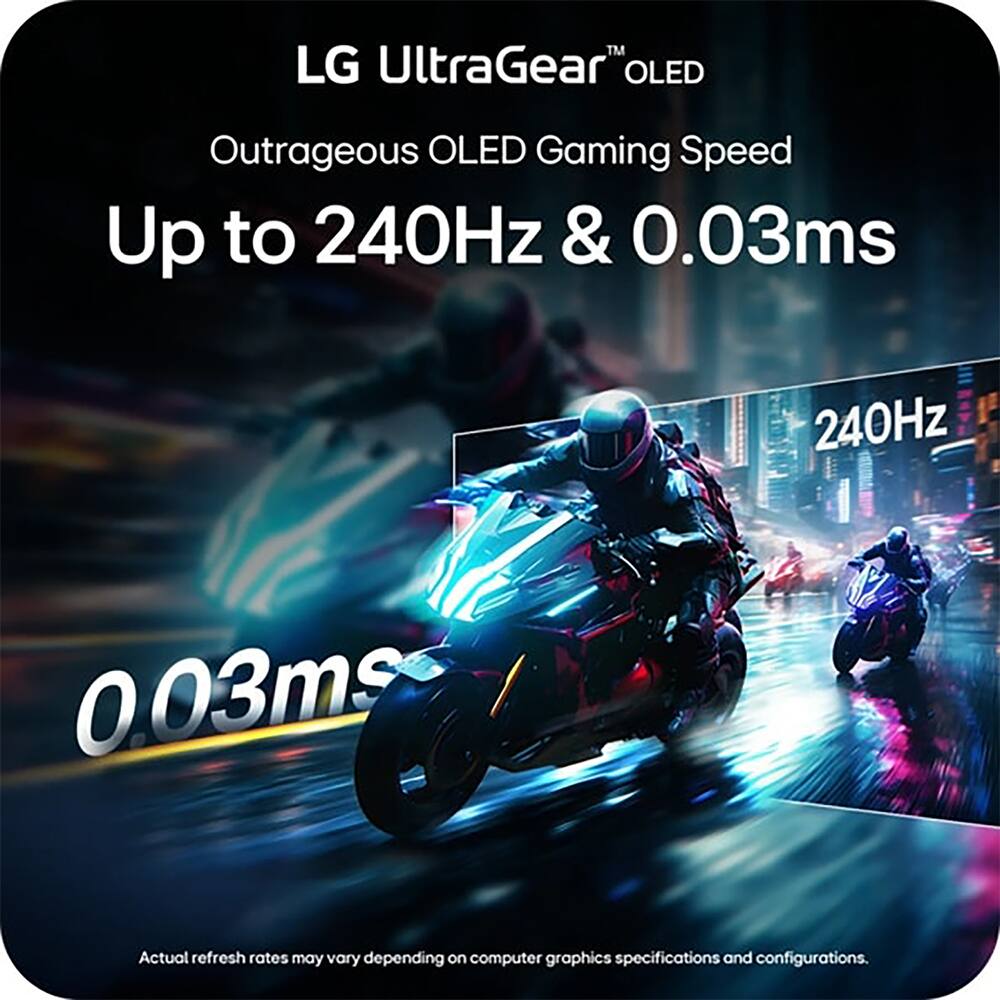LG UltraGear™ OLED  
Outrageous OLED Gaming Speed  
Up to 240Hz & 0.03ms  

Actual refresh rates may vary depending on computer graphics specifications and configurations.