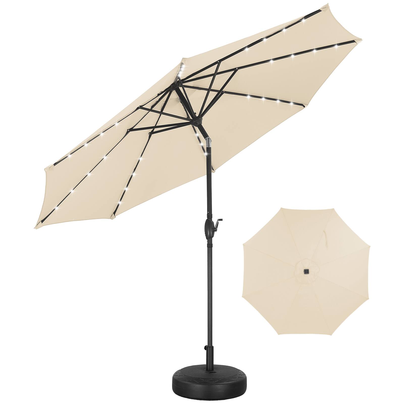 Ainfox - 10FT Solar Lighted Patio Umbrella LED Outdoor Umbrella with Tilt Crank for Backyard Garden Pool Beach with Base - khaki