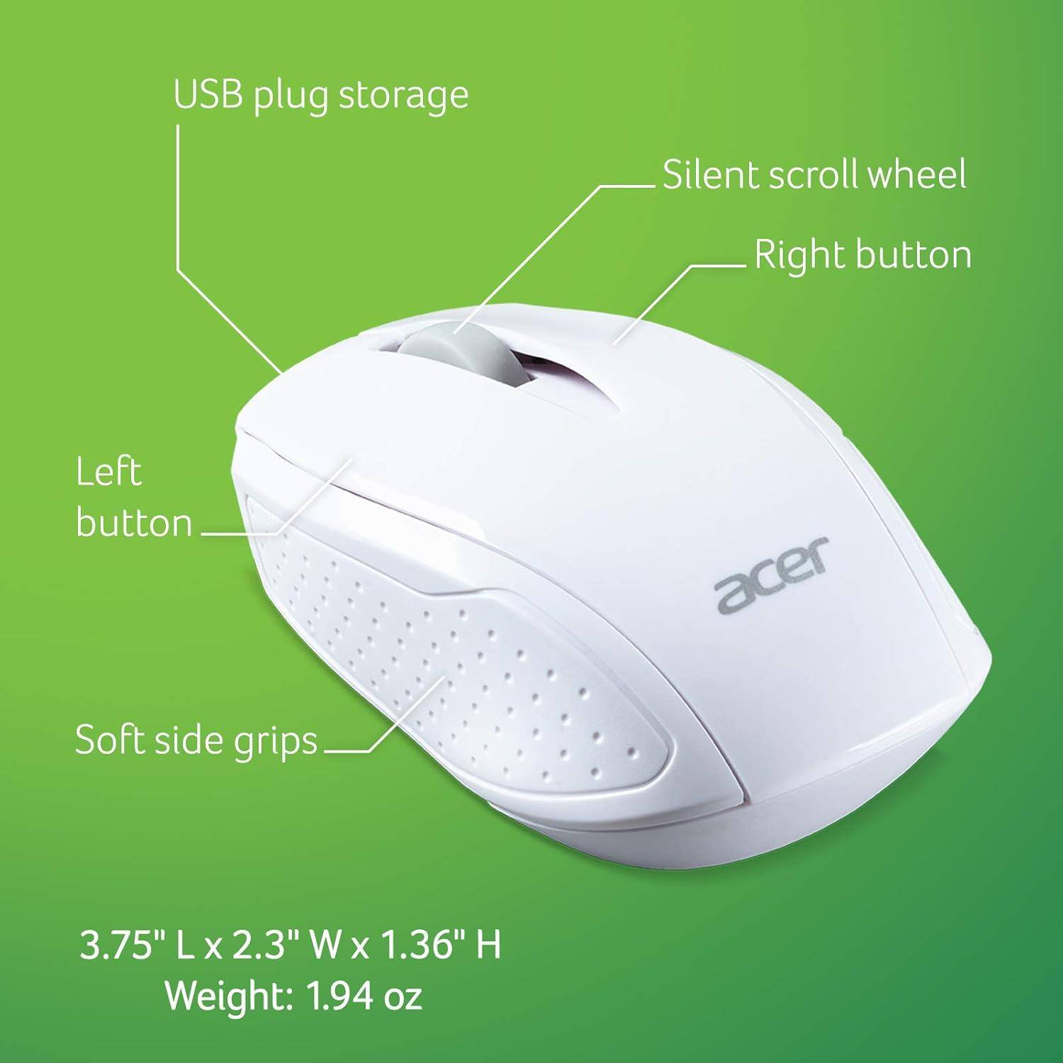 USB plug storage  
Silent scroll wheel  
Right button  
Left button  
Soft side grips  

3.75" L x 2.3" W x 1.36" H  
Weight: 1.94 oz