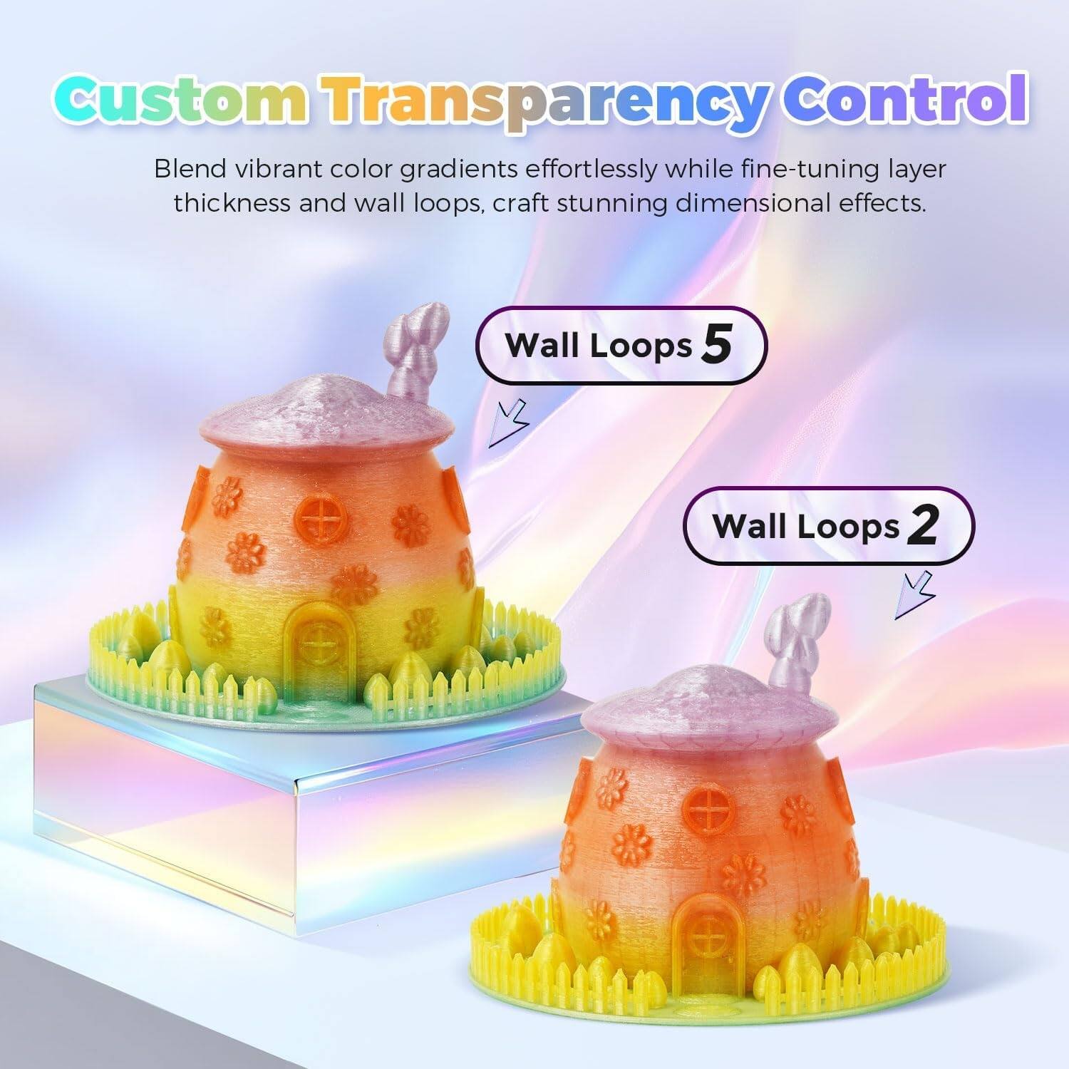 Custom Transparency Control  
Blend vibrant color gradients effortlessly while fine-tuning layer thickness and wall loops, craft stunning dimensional effects.  

Wall Loops 5  
Wall Loops 2
