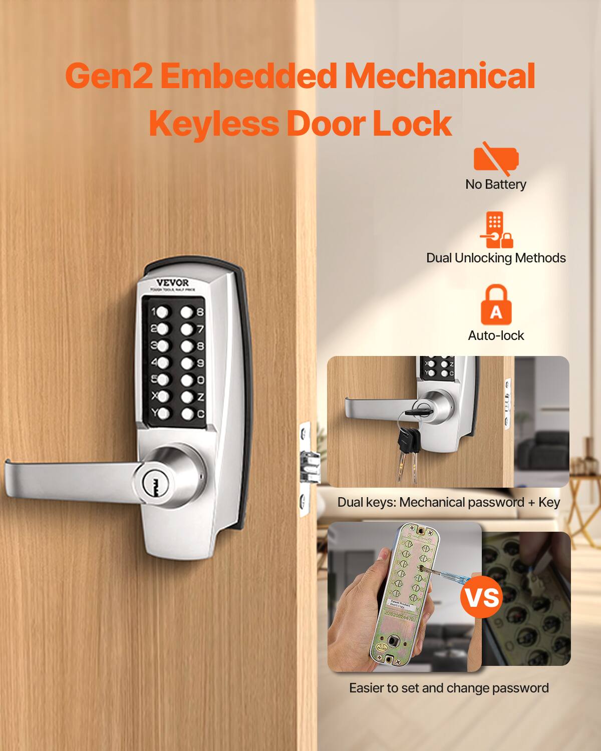 Gen2 Embedded Mechanical Keyless Door Lock  
No Battery  
Dual Unlocking Methods  
Auto-lock  

Dual keys: Mechanical password + Key  

Easier to set and change password