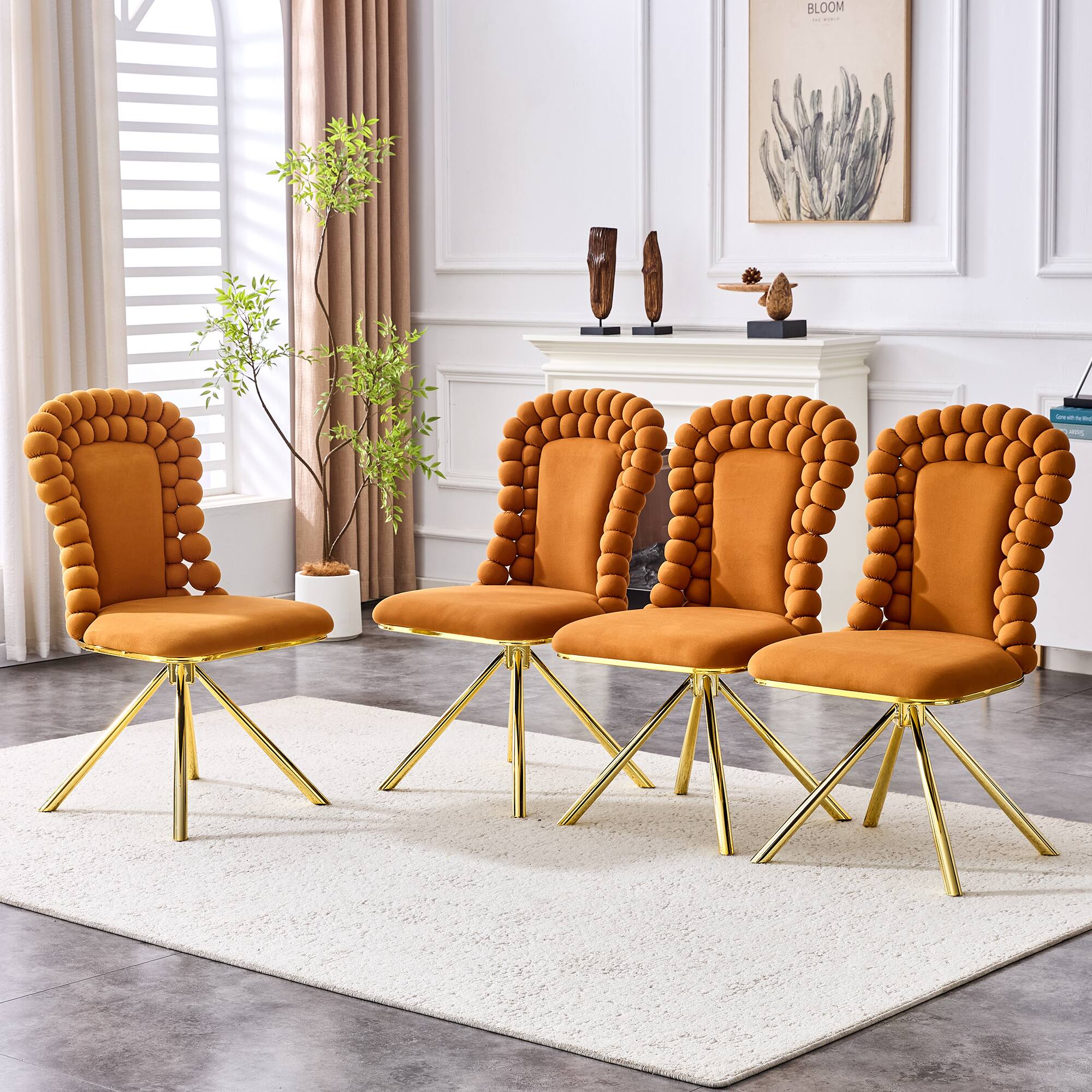 Back. Loheer - Loheer Velvet Dining Chairs Set of 2, Orange Bubble Back Accent Dining Chairs with Gold Legs, 1.71 ft - Gold,Orange.