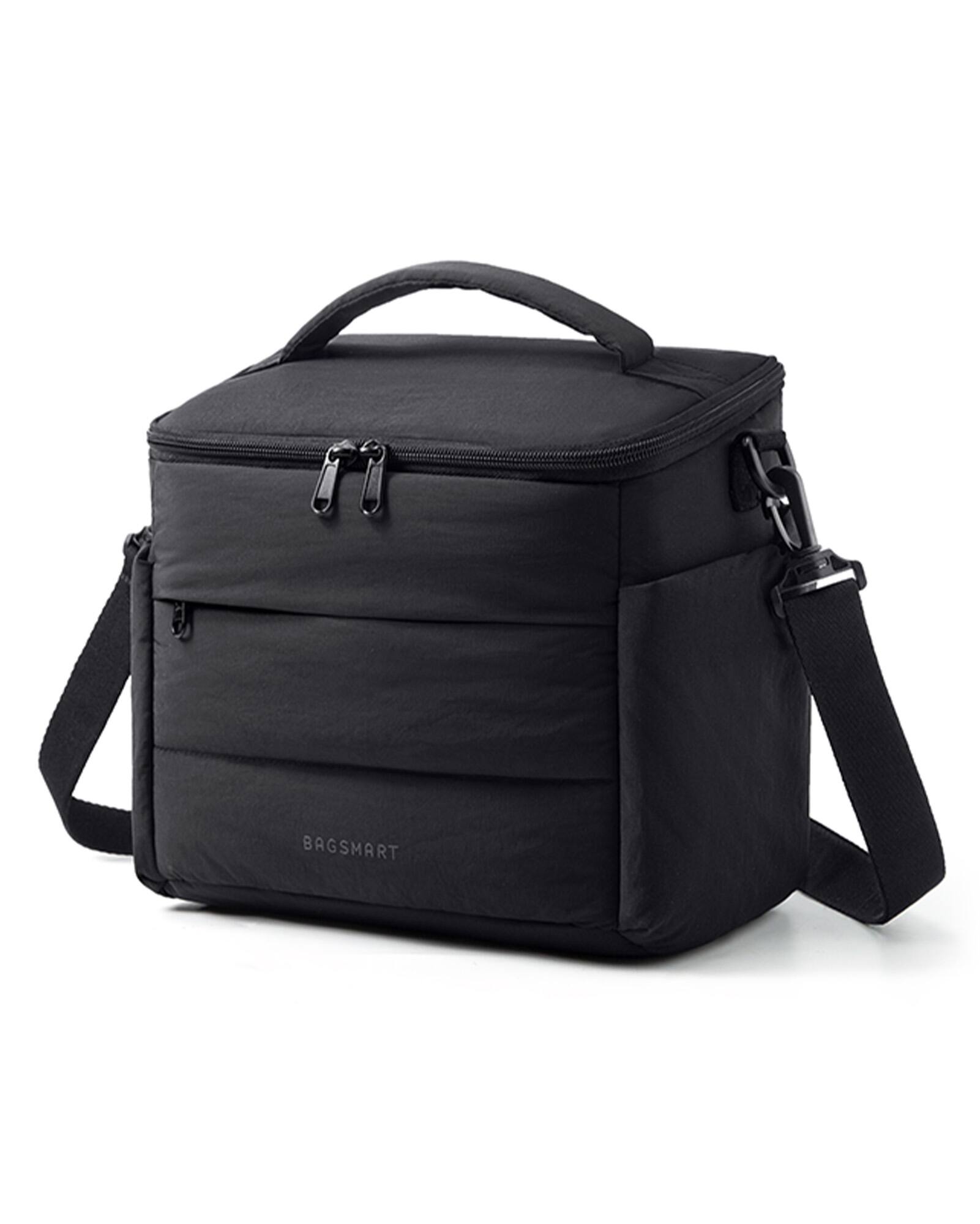 Angle. Bagsmart - Quilted Insulated Lunch Bag for Women Sloped-Lid 10L Thermal Tote with Crossbody Strap for Work and Picnic - Black.