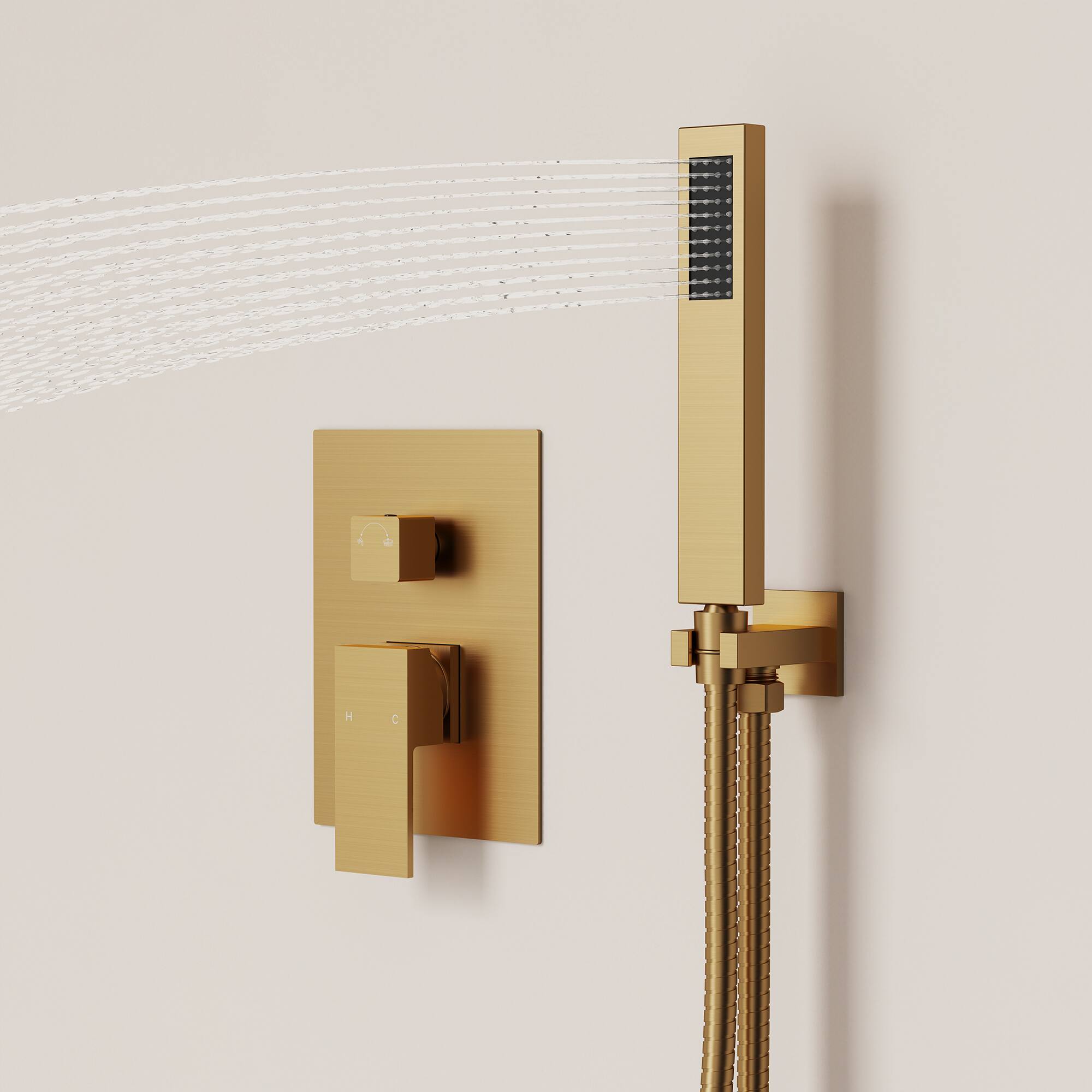 Alt View 7. GRANDJOY - 10" Wall Mount Shower Faucet System with Rainfall Shower Head, and Handheld Sprayer for Bathroom Use - Brushed Gold.