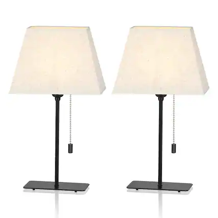 Front. Oumilen - 2-Piece Table Lamp Set with Rectangular Metal Base, Black Straight Rod and Beige Linen Shade.