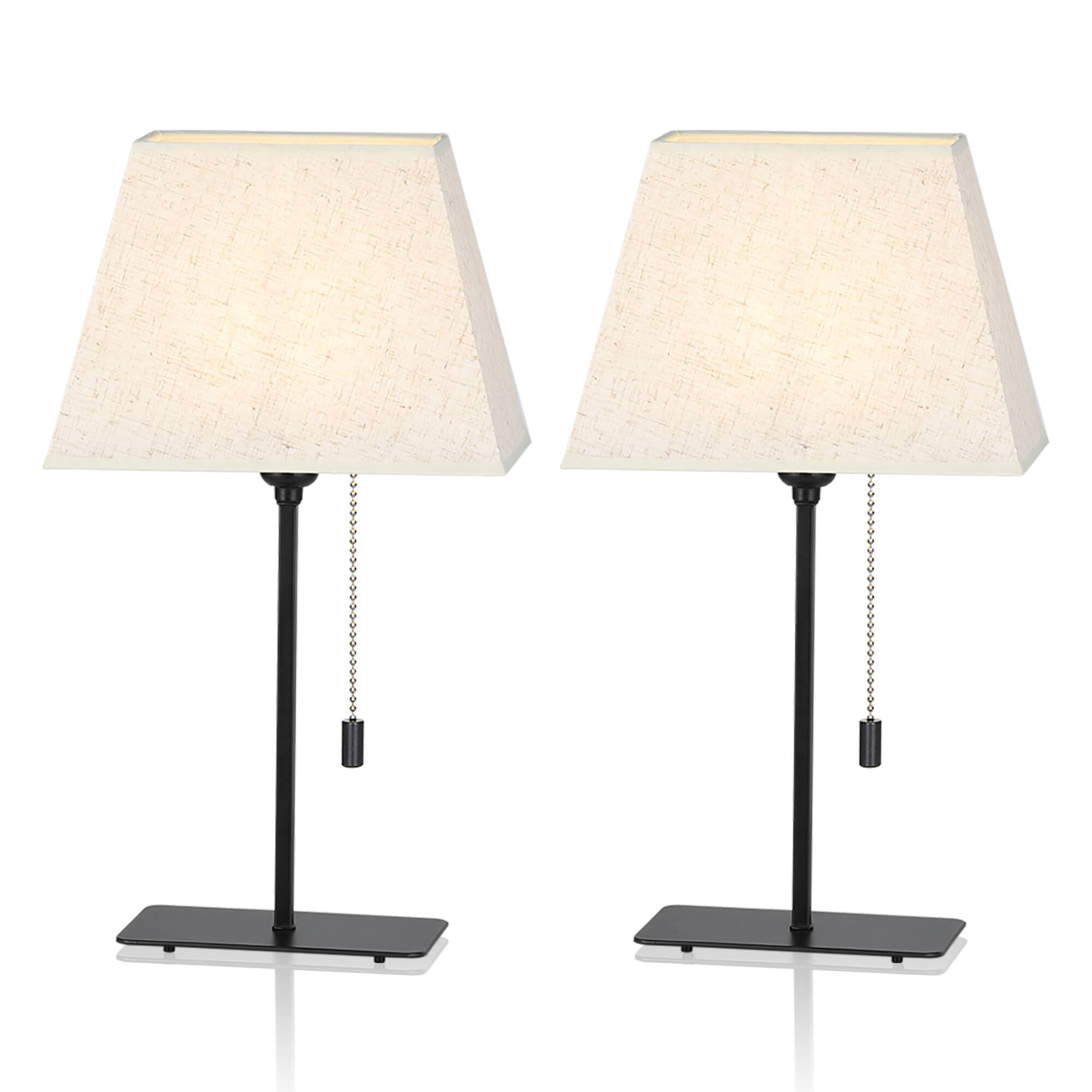 Front. Oumilen - 2-Piece Table Lamp Set with Rectangular Metal Base, Black Straight Rod and Beige Linen Shade.