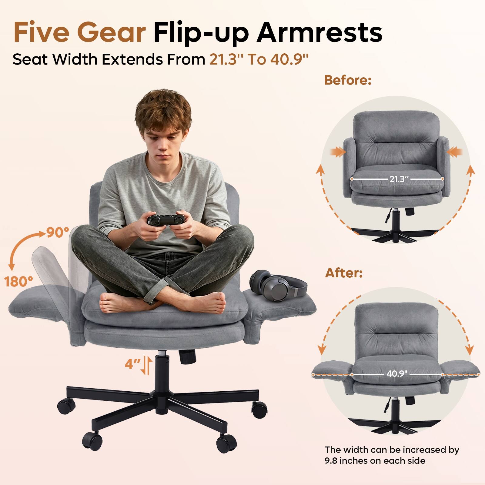 Five Gear Flip-up Armrests Seat Width Extends From 21.3" To 40.9" Before: 21.3" 90 180 After: 4" 40.9" The width can be increased by 9.8 inches on each side