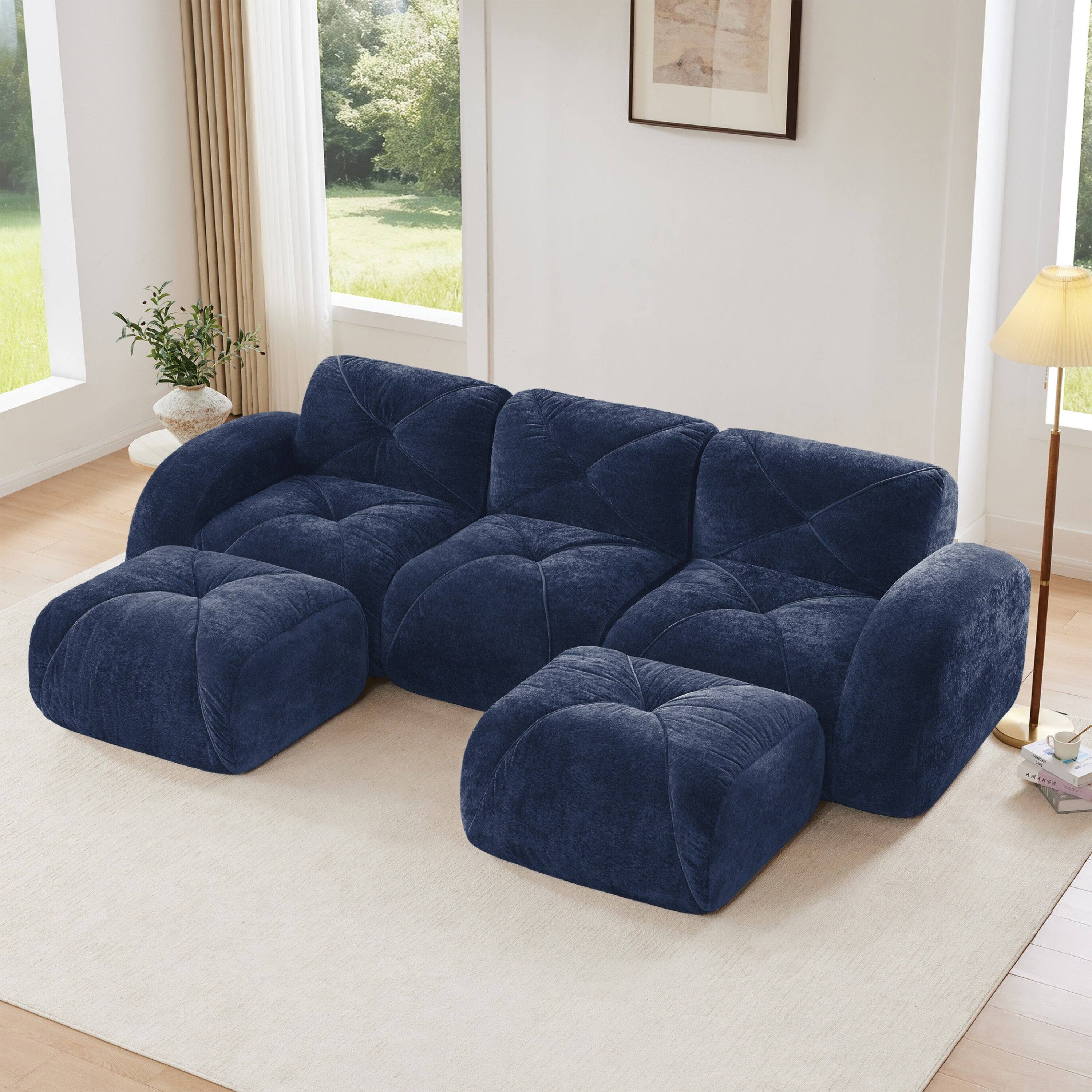 Alt View 1. Boyel Living - U Shaped Velvet Tufted Sofa Movable Ottomans 32D High Density Sponge Anti Slip Free Combo Study Theater Blue - Blue.
