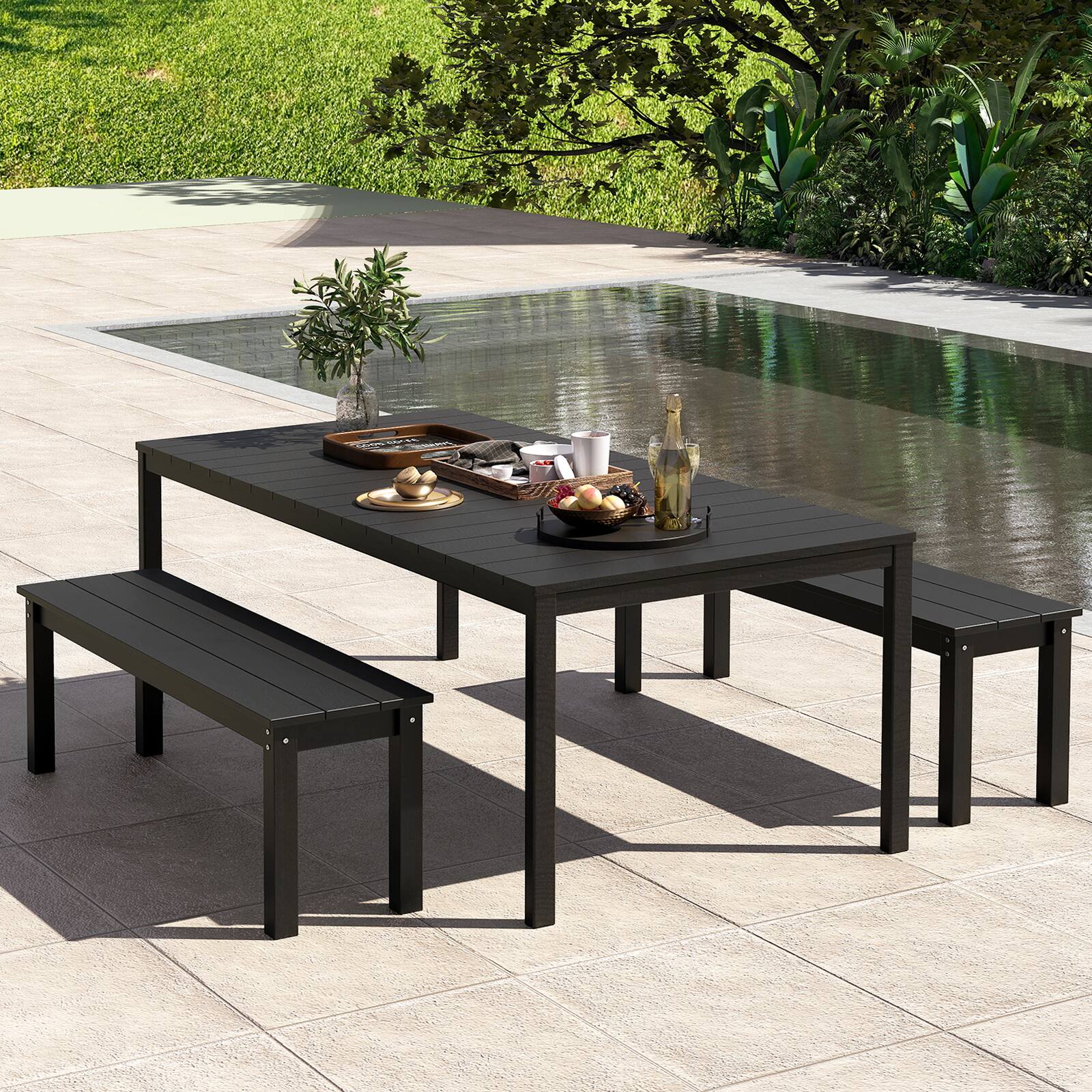 Gymax 55'' HDPE Outdoor Bench for 2 3 People Weatherproof Backless