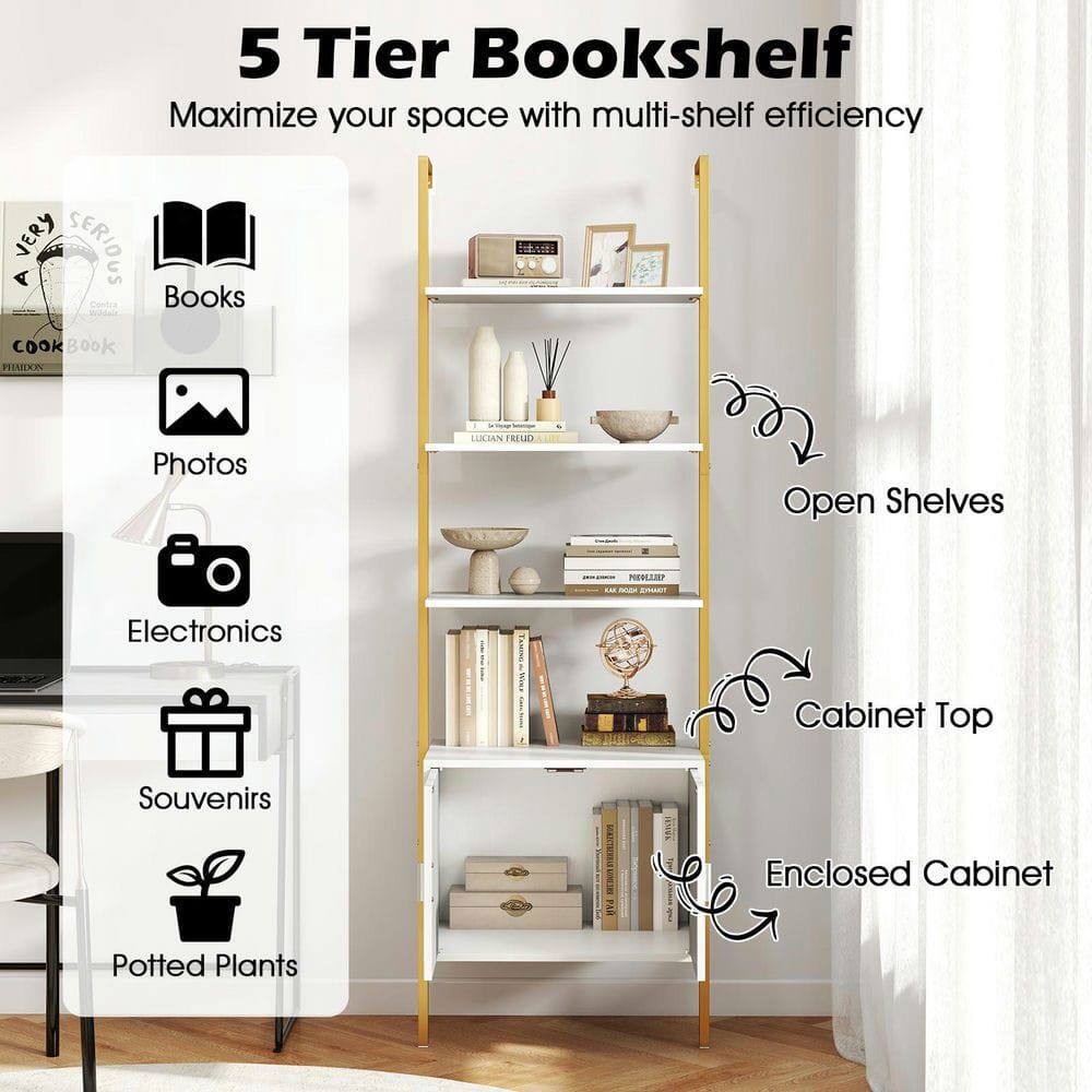 5 Tier Bookshelf  
Maximize your space with multi-shelf efficiency  

- Books  
- Photos  
- Electronics  
- Souvenirs  
- Potted Plants  

Open Shelves  
Cabinet Top  
Enclosed Cabinet