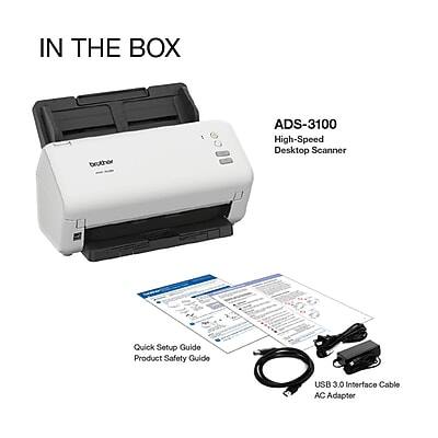 IN THE BOX

ADS-3100 High-Speed Desktop Scanner

- Quick Setup Guide
- Product Safety Guide
- USB 3.0 Interface Cable
- AC Adapter