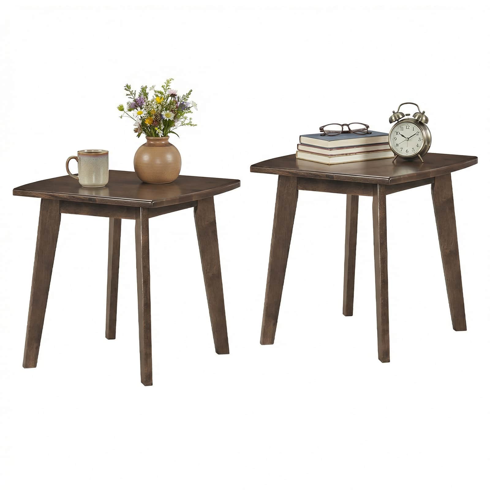 Gymax - 2PCS Solid Wood Side Table w/Thickened Top & Curved Edge for Living Room Bedroom - Brown