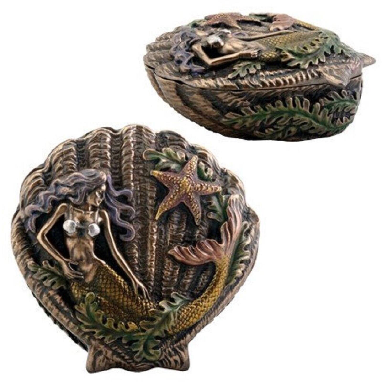 Angle. Pacific Trading - Ocean Siren Mermaid With Starfish Oyster Shell Shaped Jewelry Trinket Keepsake Box 3.75 inch - Bronze.