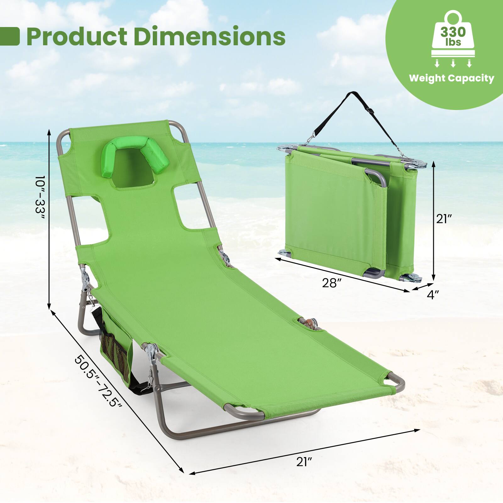 Product Dimensions  
330 lbs Weight Capacity  
10"-33"  
21"  
28"  
4"  
50.5"-72.5"  
21"